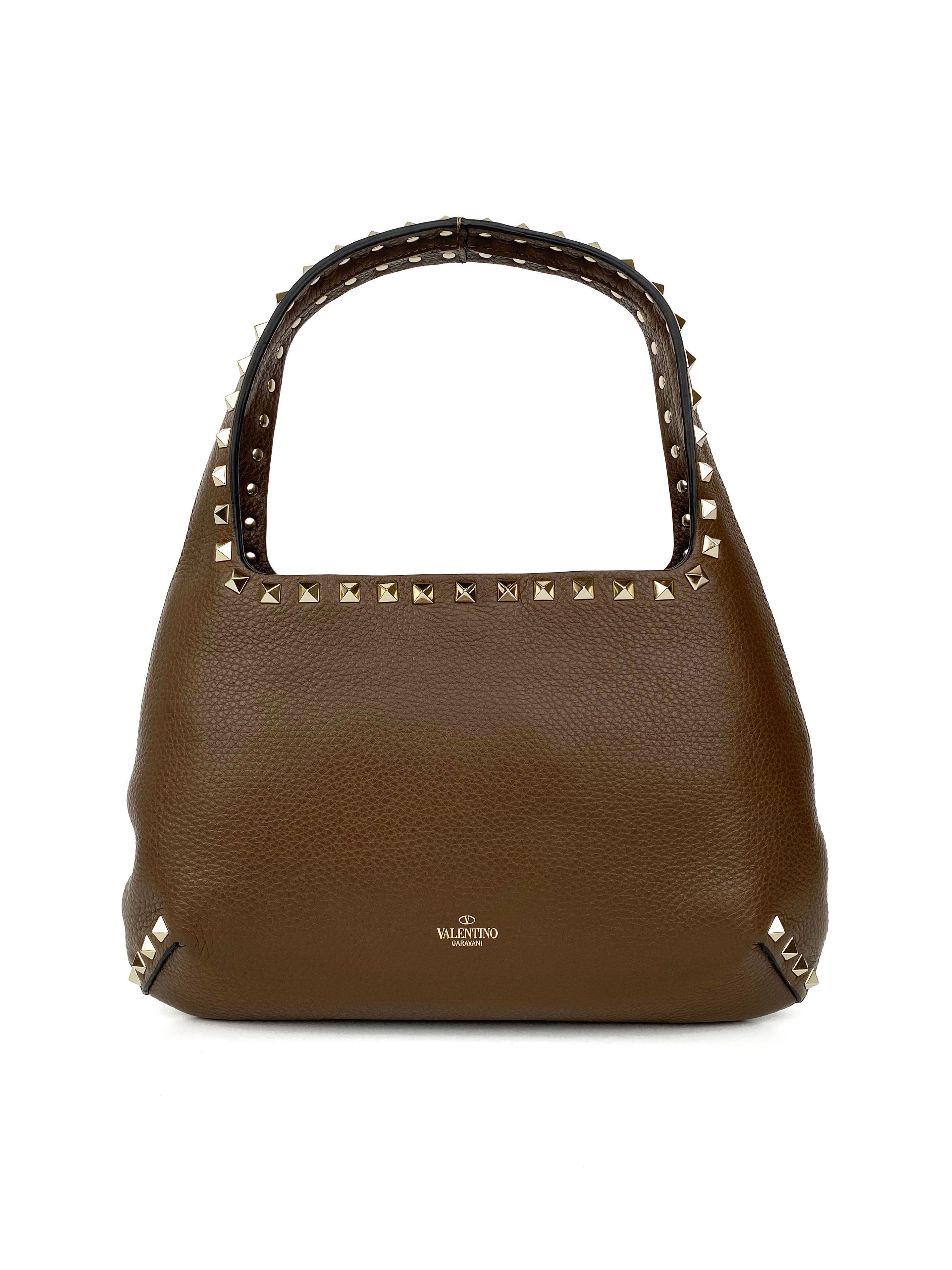 Valentino Brown Rockstud Hobo Bag - Genuine Leather Shoulder Bag for Women | Perfect for Work, Travel & Evening Out