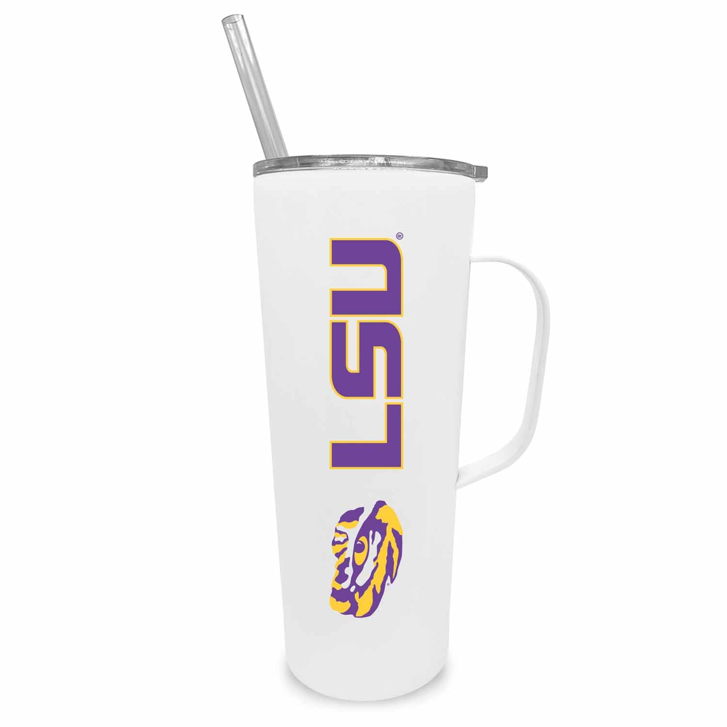 Official LSU Tigers 20oz Stainless Steel Tumbler with Handle & Dual Lid Options - Insulated Travel Mug for Coffee, Tea & Cold Drinks - Perfect for Game Day, Office & Outdoor Activities
