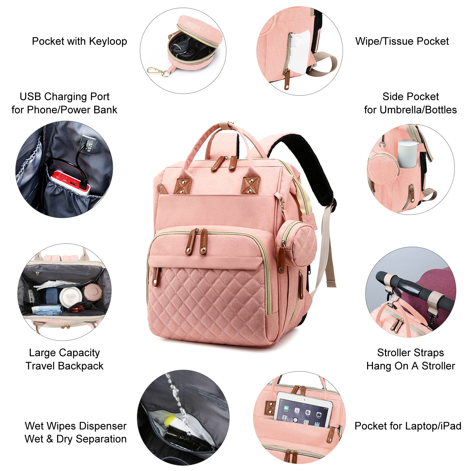 **Waterproof 3-in-1 Diaper Backpack with Foldable Changing Pad – Large Travel Diaper Bag for Baby Boys & Girls (Peach Pink) – Perfect for Daycare, Travel & On-the-Go Parents**