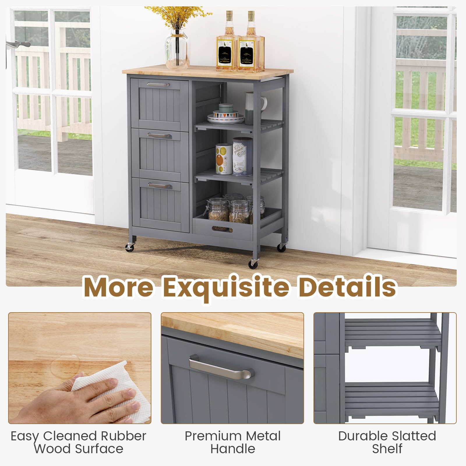 GOFLAME Kitchen Island Cart on Wheels with Storage - 3 Drawers, Wood Countertop & Removable Tray | Lockable Casters Mobile Serving Cart for Kitchen, Dining Room, Office | Perfect for Small Spaces, Entertaining & Extra Counter Space (Grey)