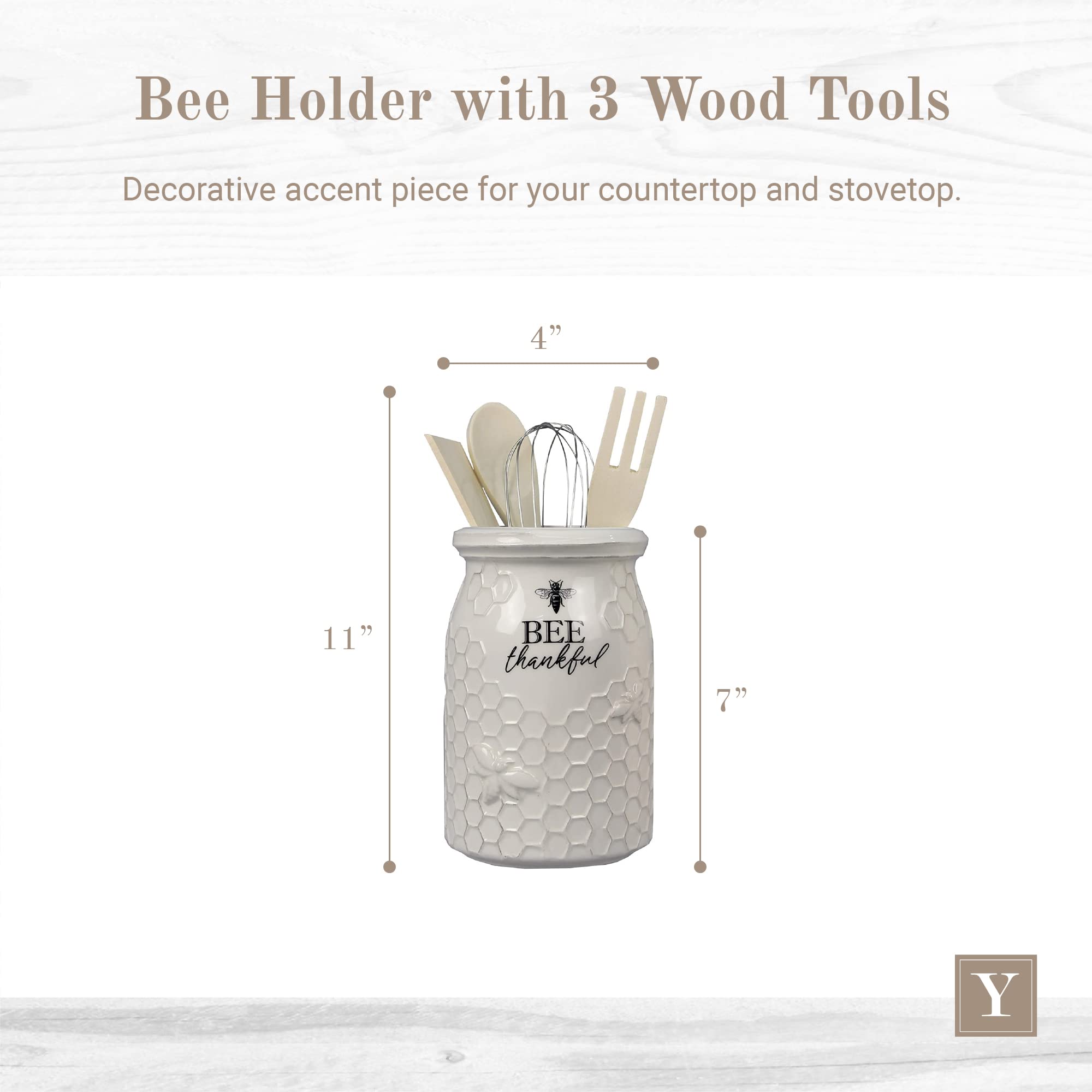 Young's Inc. Ceramic Utensil Holder for Kitchen Countertop - Large Wooden Cooking Tools Organizer with 3 Utensils - Perfect for Spoons, Spatulas & Flatware Storage - Bee Thankful Design - Ideal for Farmhouse, Modern & Rustic Kitchens