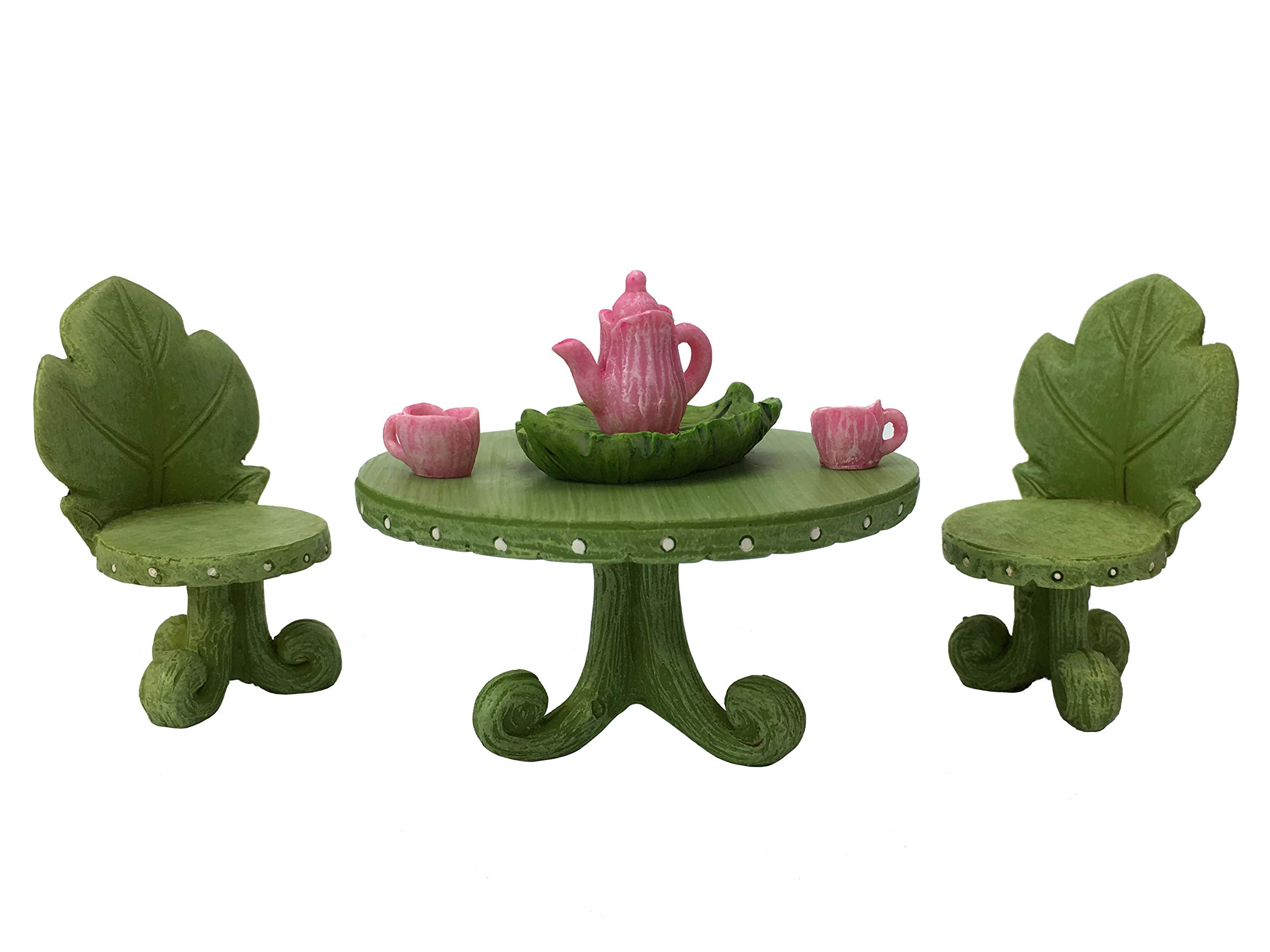 GlitZGlam Miniature Fairy Garden Furniture Set - Leaf Bistro Table & Chairs with Tea Set for Fairies, Gnomes & Miniature Gardens | Perfect for Fairy House Decor, DIY Terrariums & Whimsical Backyard Displays