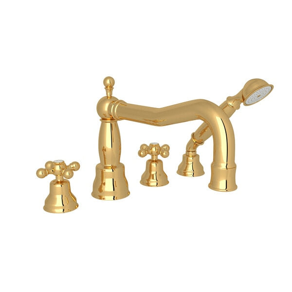 Arcana 4-Hole Deck Mount Column Spout Tub Filler with Hand Shower and Cross Handle - Perfect for Modern Bathroom Renovations & Spa-Like Shower Experience