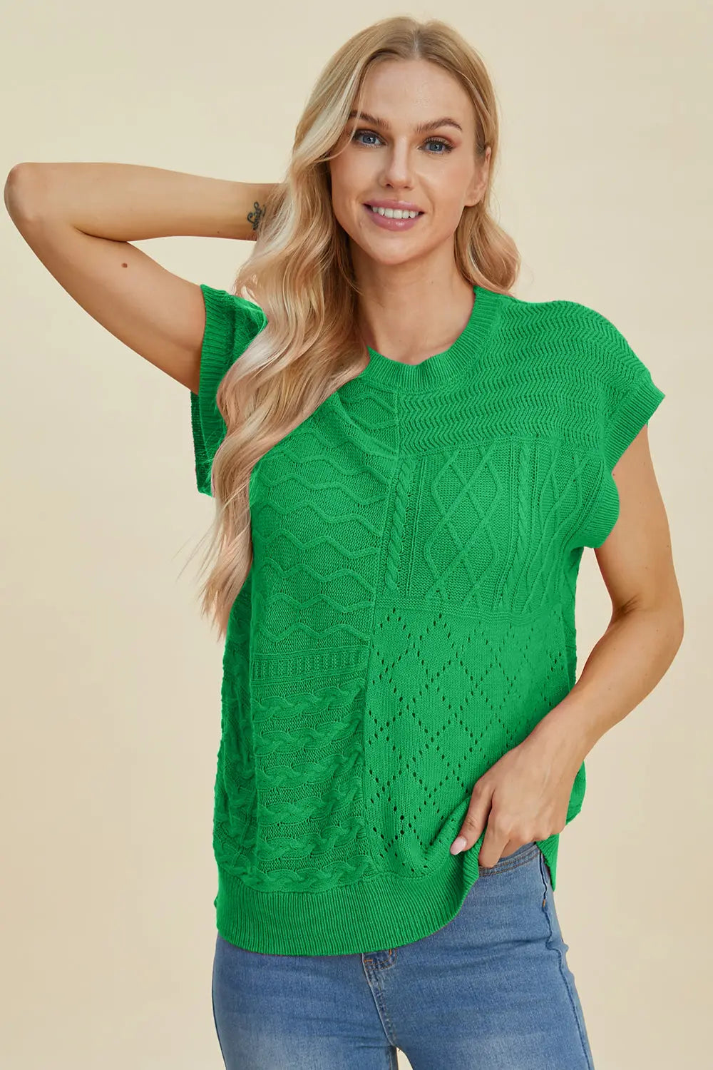 Double Take Full Size Cable Knit Round Neck Cap Sleeve Sweater for Women - Cozy Winter Pullover for Office, Date Night & Casual Outfits
