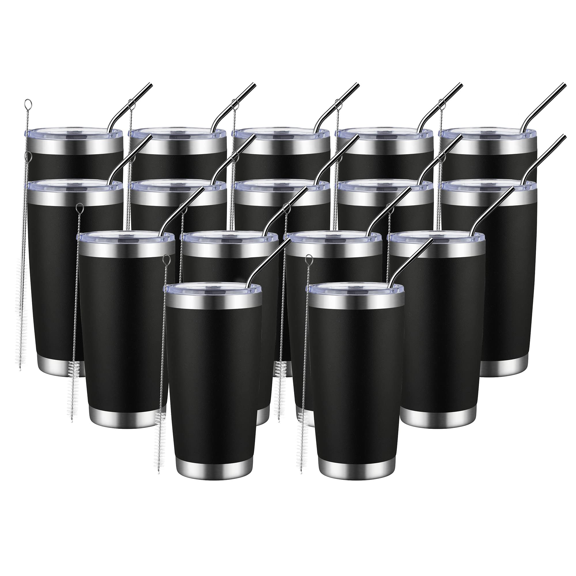 MUCHENGHY 20oz Stainless Steel Tumbler with Lid & Straw - 16 Pack Bulk Double Wall Vacuum Insulated Travel Mug - Powder Coated Thermal Cup for Hot & Cold Drinks (Black) - Perfect for Coffee, Tea, Smoothies & Outdoor Activities