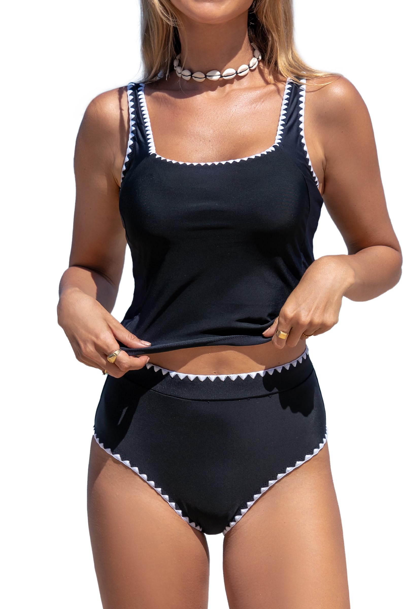 Women's Two Piece Tankini Swimsuit - Cute White Trim Tummy Control Bathing Suit for Summer Beach & Pool Vacations | High Waisted Swimwear for Women