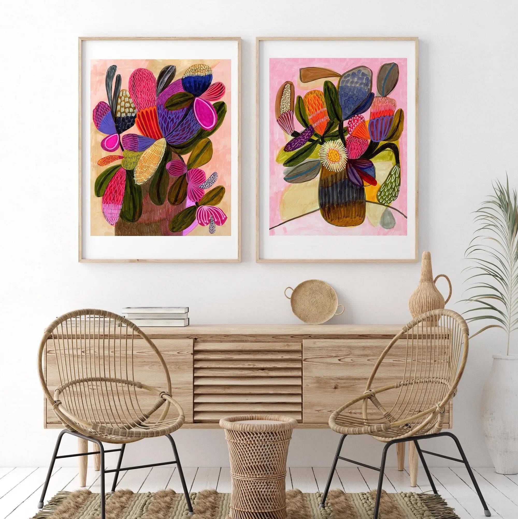Modern Still Life Wall Art Print Set with Native Flowers - Elegant Home Decor for Living Room, Bedroom & Office