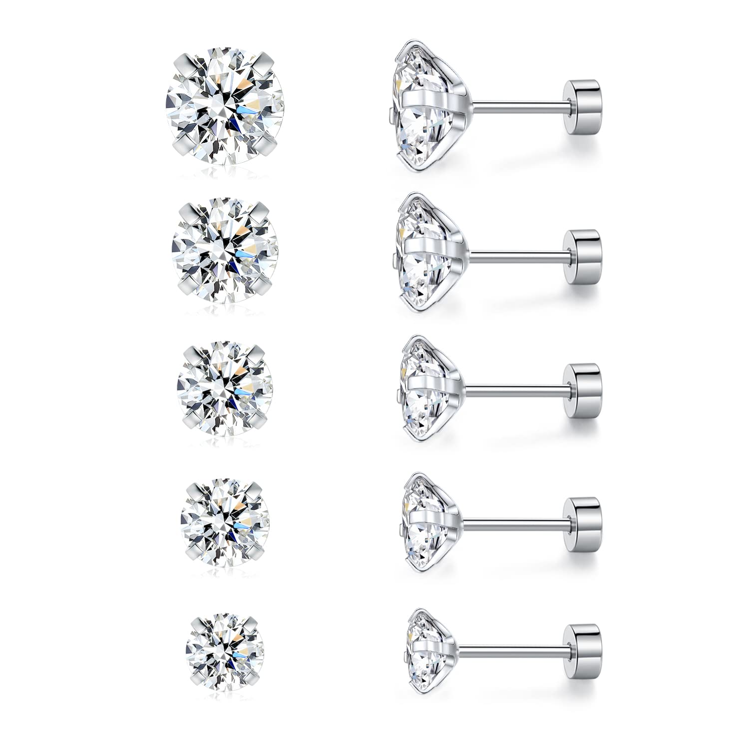 18K White Gold Plated Round Cubic Zirconia Stud Earrings - 4 Prong Screw Back, Pack of 5 - Perfect for Weddings, Parties & Everyday Elegance