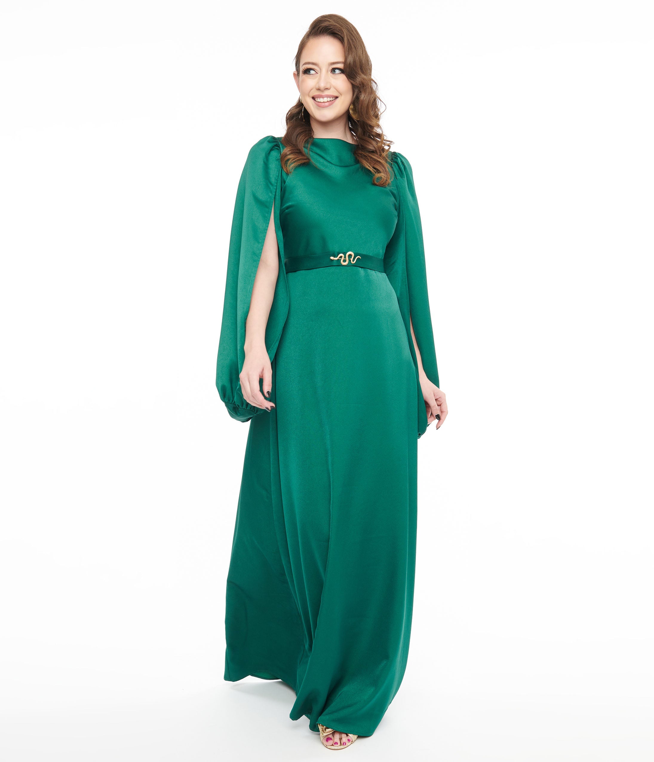 Vintage 1920s Emerald Green Satin Evening Gown with Snake Brooch Pin - Perfect for Gatsby Themed Parties, Roaring 20s Costume Events & Vintage Style Weddings