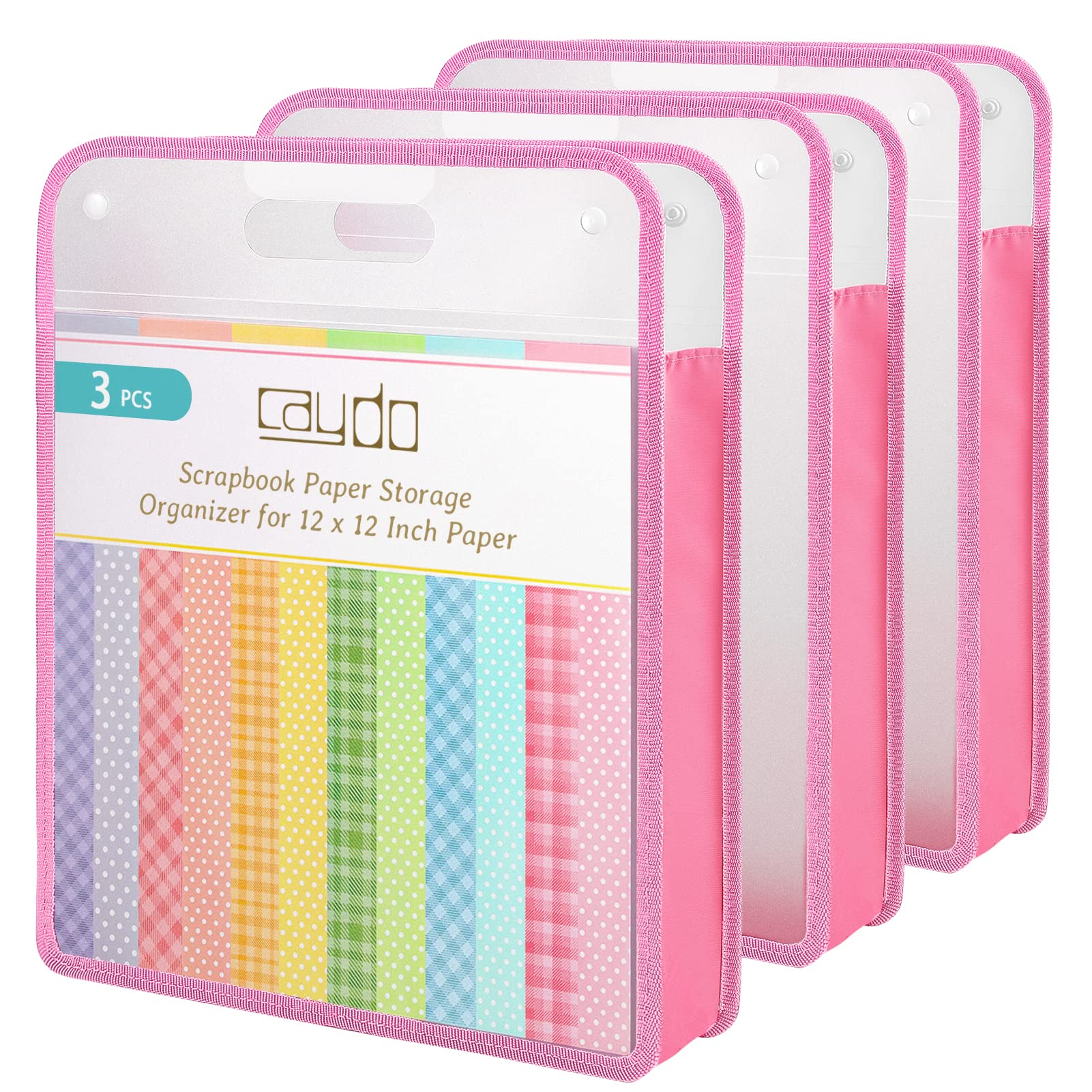 Caydo 12x12 Scrapbook Paper Organizer - Pink Expanding Storage Folio with Handle for Scrapbooking, Vinyl Paper & Cardstock - Portable Craft Supplies for Home, Office & DIY Projects