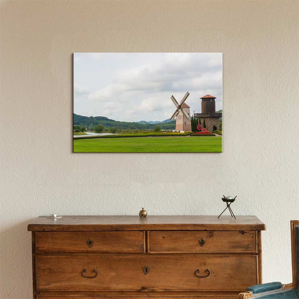 Wind Turbine on Grassland Canvas Print - Modern Wall Art Decor for Living Room, Bedroom & Office | Stretched Gallery Wraps Giclee Ready to Hang - 24x36 Inches Landscape Scenery Painting