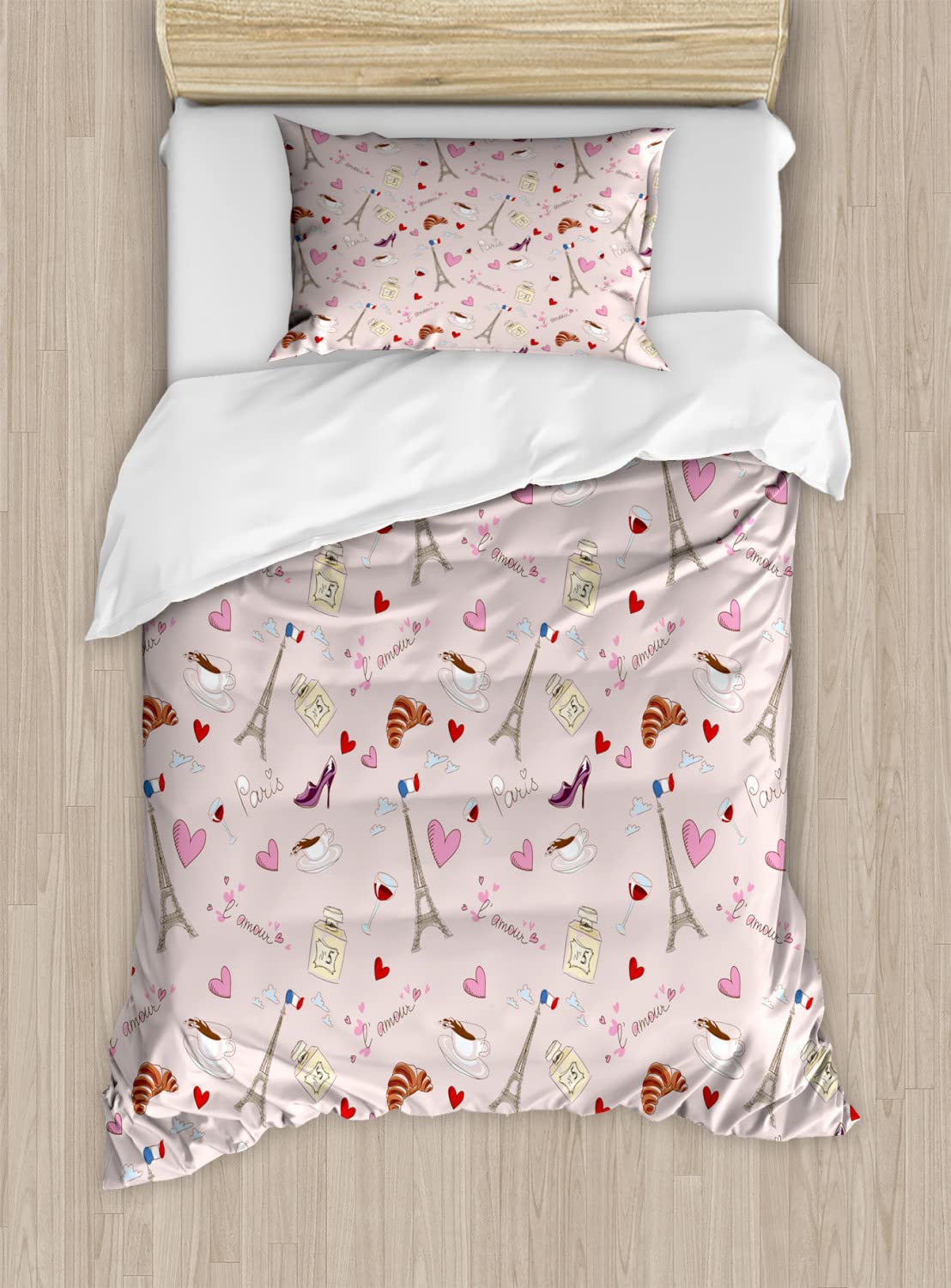 Ambesonne Paris French Flag Duvet Cover Set - Coffee Croissant Fashion Shoes Wine Hearts Perfume Clouds Design, 2-Piece Twin Size Bedding Set with 2 Duvet Covers & 2 Pillowcases, Rose Color | Perfect for Paris-Themed Bedrooms, French Decor & Gift Ideas