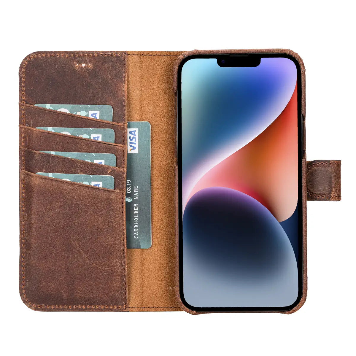 Distressed Brown Leather Magnetic Wallet Case for iPhone 14 Plus - Premium RFID Blocking & Secure Card Holder - Perfect for Travel, Business & Everyday Use