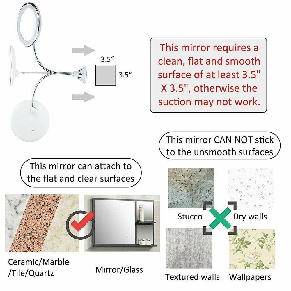 10X Magnification Flexible Gooseneck LED Makeup Mirror with Suction Cup - Perfect for Bathroom Vanity, Dressing Table & Travel Cosmetics Application