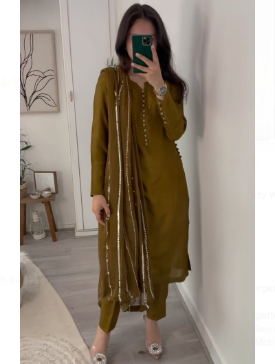 Elegant Mehandi Plain Suit with Zari Dupatta & Salwar Set of 3 Pieces - Perfect for Weddings, Festivals & Special Occasions