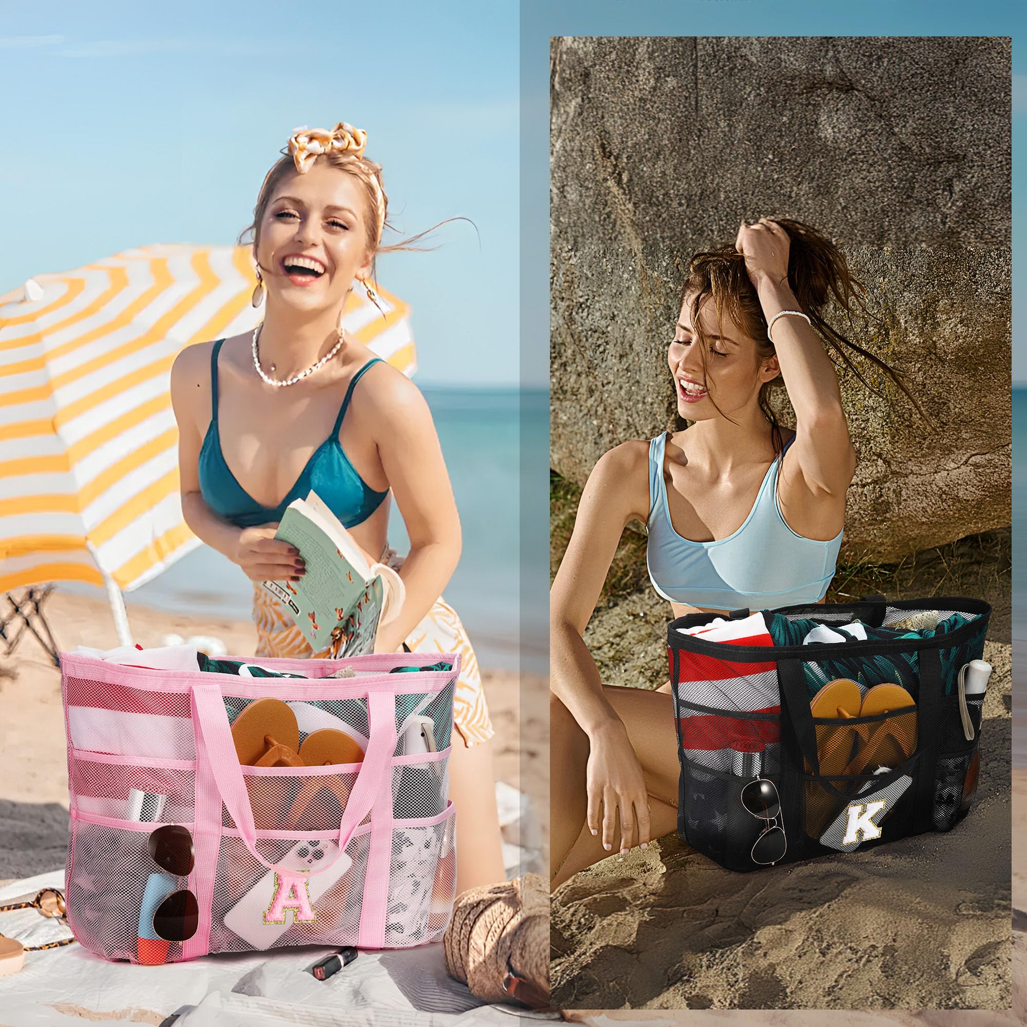YOOLIFE Personalized Mesh Beach Bag with Initial & Pockets - Large Waterproof Tote for Swimming, Travel, and Vacation - Perfect Gift for Women Birthday, Bridesmaid, and Summer Outings