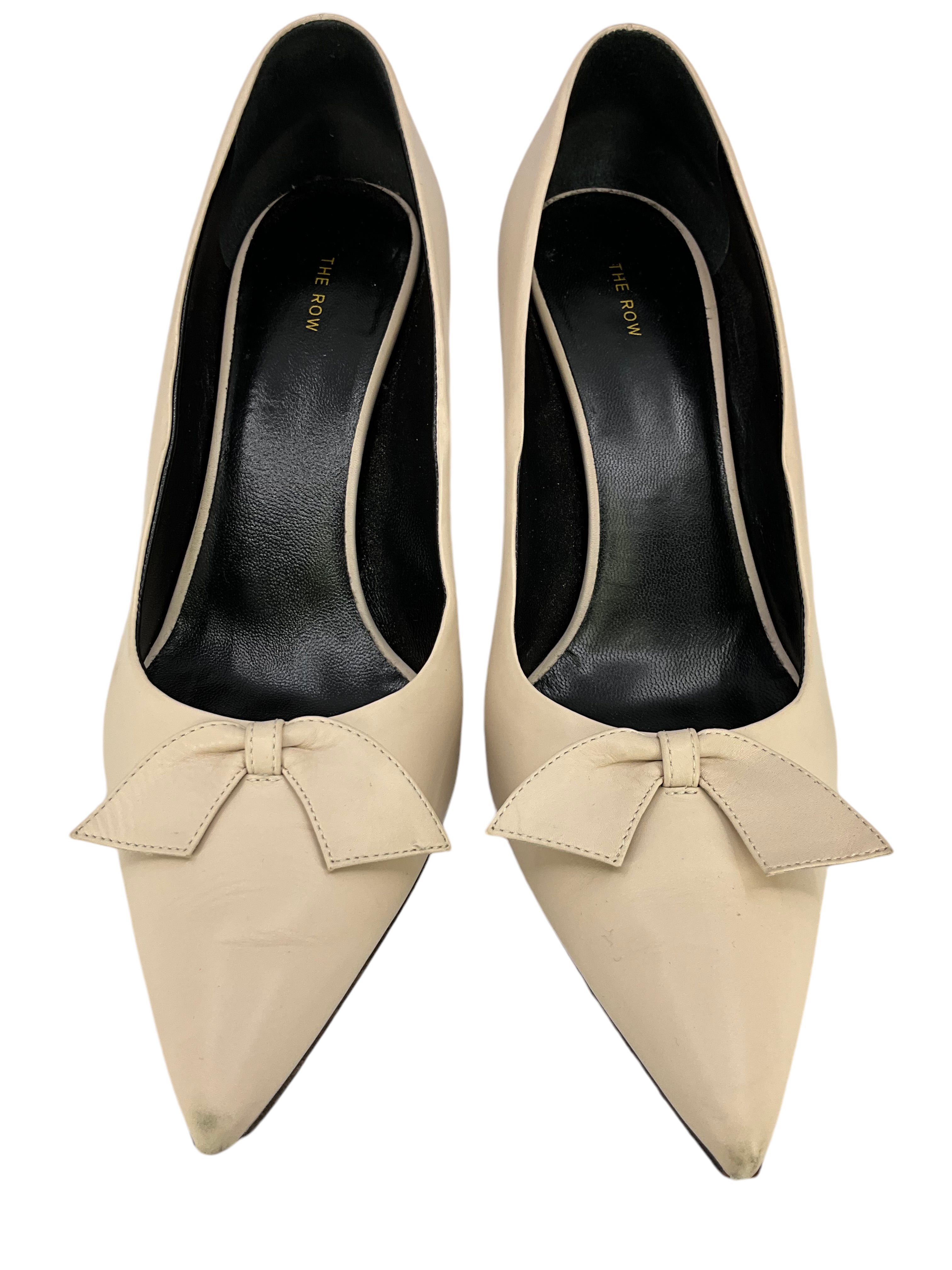THE ROW Women's Bow Accent Leather Pumps - Size 7.5 US | Elegant Pointed Toe Heels for Wedding, Office & Special Occasions