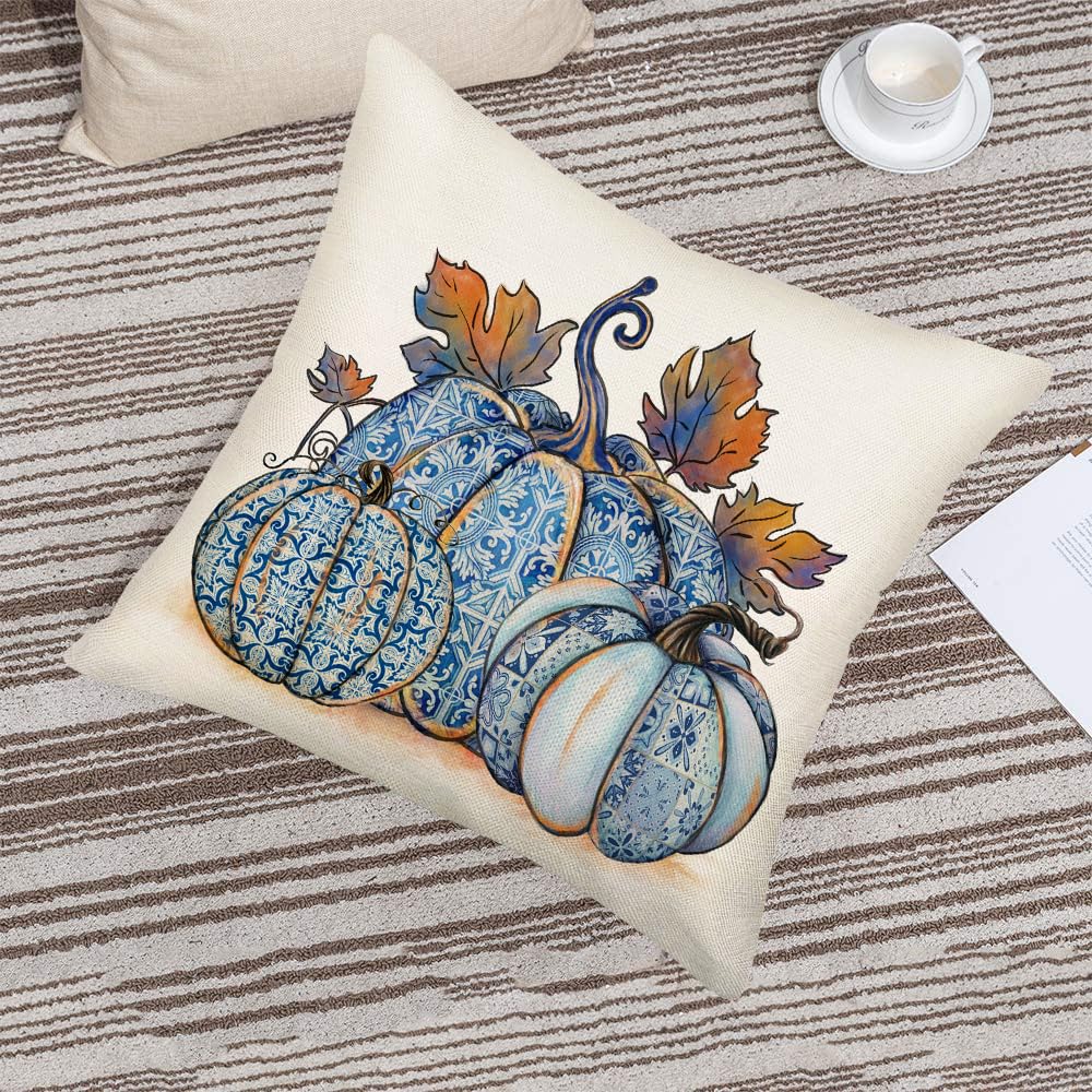 Fukeen 20x20 Inch Blue Pumpkin & Maple Leaves Fall Decorative Pillow Covers - Autumn Harvest Farmhouse Throw Pillow Cases for Couch, Sofa, Porch & Thanksgiving Home Decor