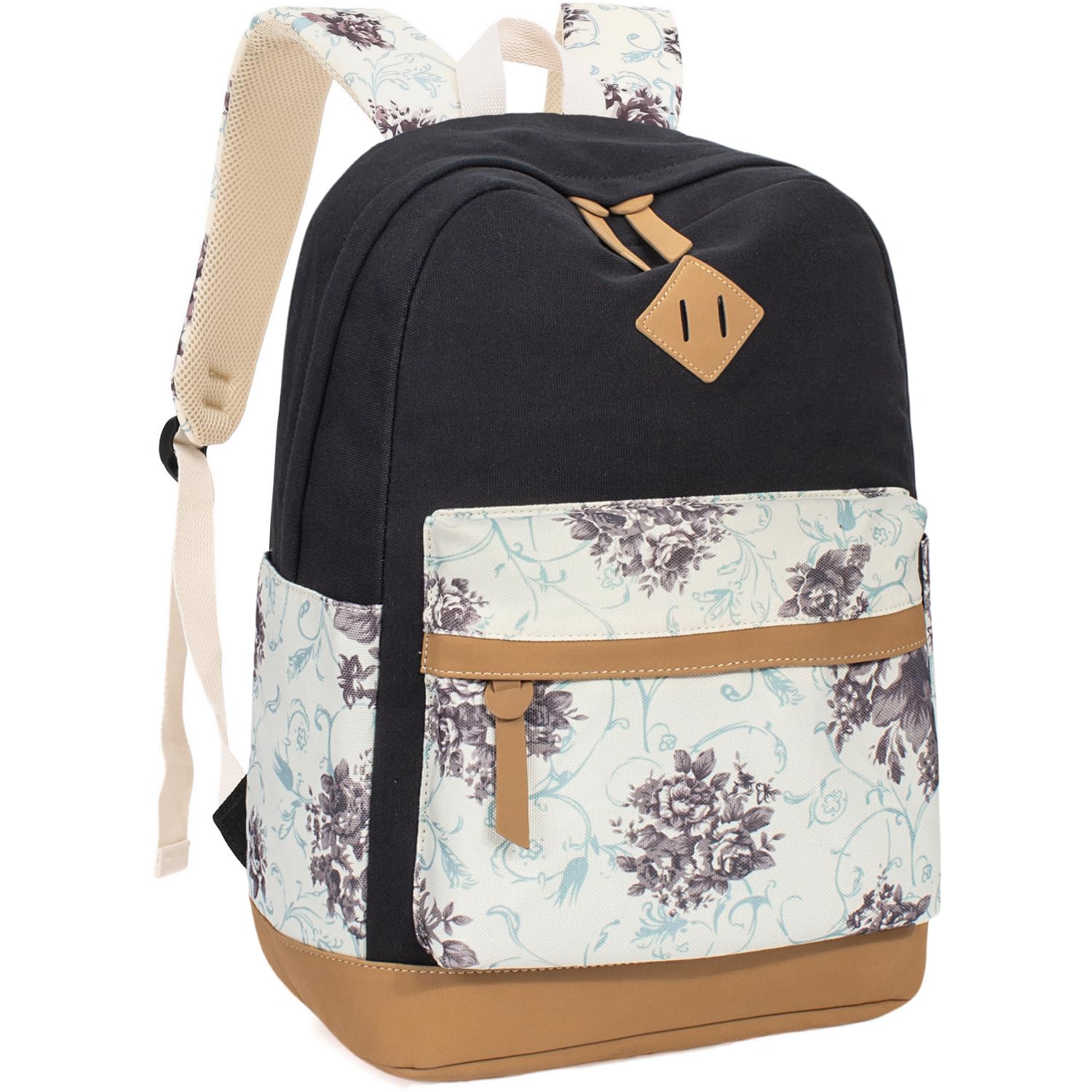 Leaper Girls Cute Floral Backpack for School, College & Travel - Lightweight Canvas Laptop Bookbag for Women & Kids - Perfect for Daily Use, Commuting & Weekend Getaways (Black)