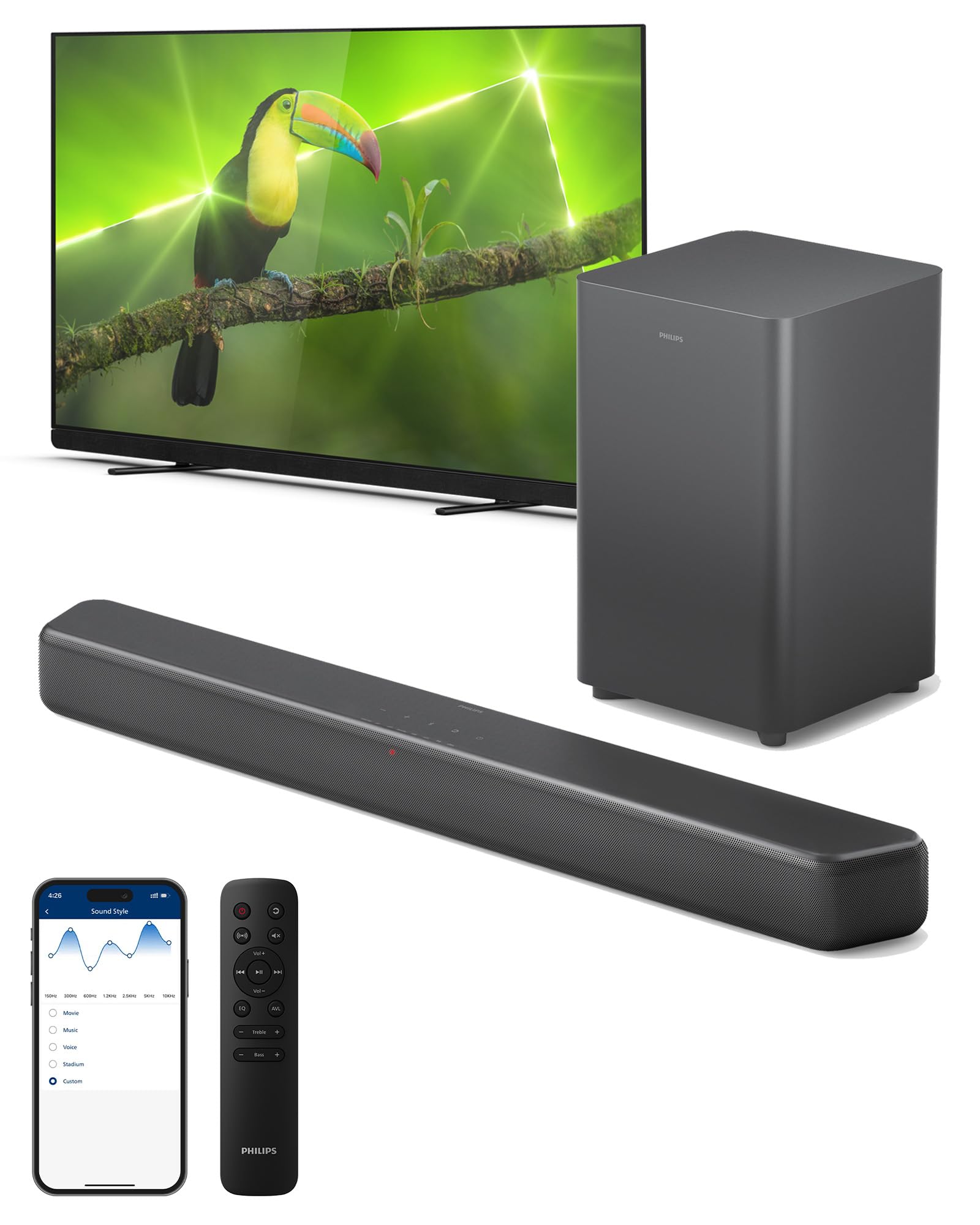 PHILIPS B5309 2.1 Channel Soundbar with Wireless Subwoofer | 240W Powerful Immersive DTS Virtual:X Audio | Bluetooth 5.4, HDMI ARC, USB | 4 EQ Modes for Movies, Music & Gaming | Dark Grey Home Theater System for Living Room & Entertainment Spaces