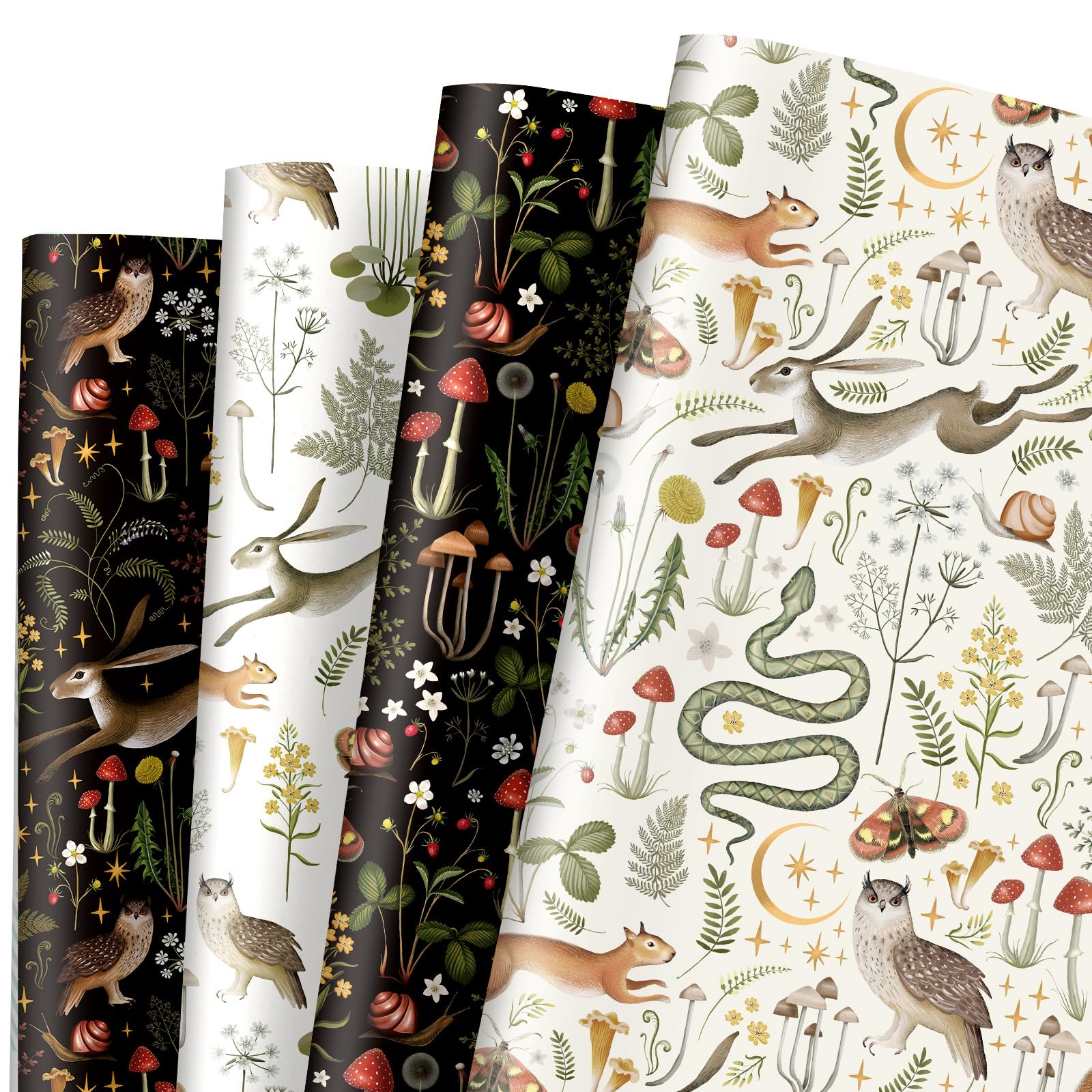 AnyDesign 12 Sheets Vintage Wrapping Paper - Animal & Mushroom Print Gift Wrap Paper Bulk (4 Retro Botanical Designs, 19.7