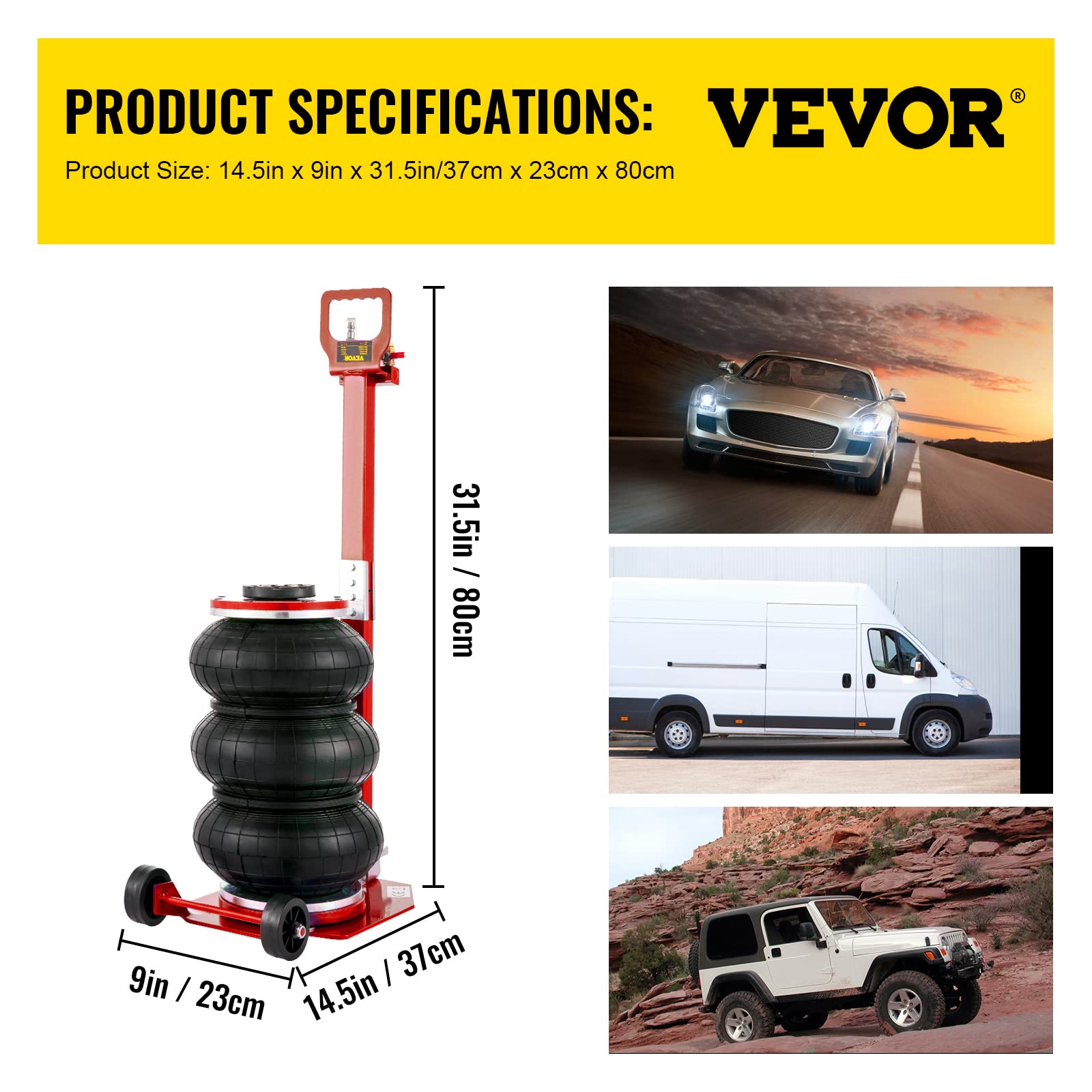 VEVOR 3 Ton (6600 lbs) Triple Bag Air Jack - Fast Lifting Car Jack with Adjustable Long Handle (Red) - Ideal for Emergency Roadside Repairs, Vehicle Maintenance, and Off-Road Recovery
