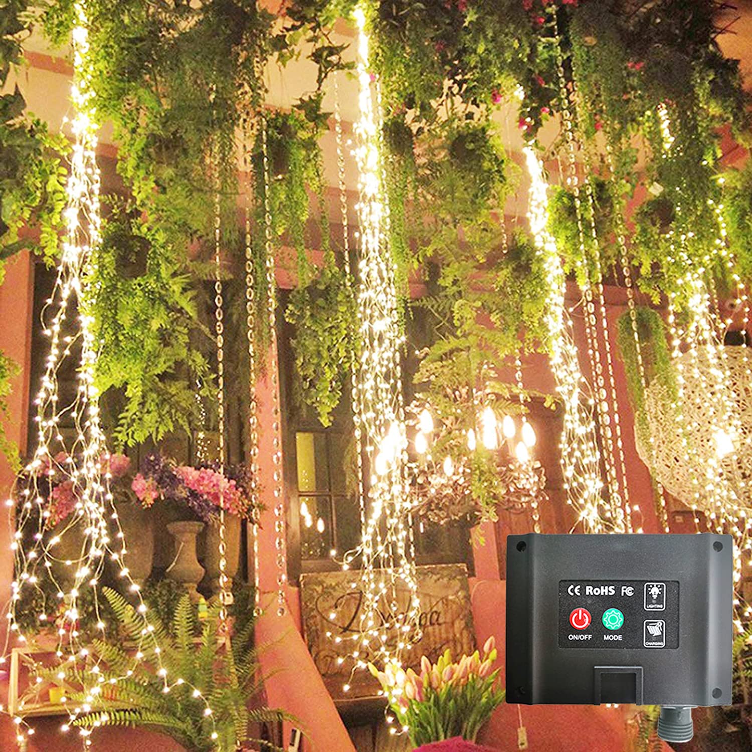 220 LED Solar Fairy Lights Outdoor Waterproof - 11 Strand Solar Firefly Bunch Lights with 8 Flashing Modes, Solar Waterfall & Watering Can Lights for Garden, Tent, Patio, Wedding & Party Decor (Warm White)