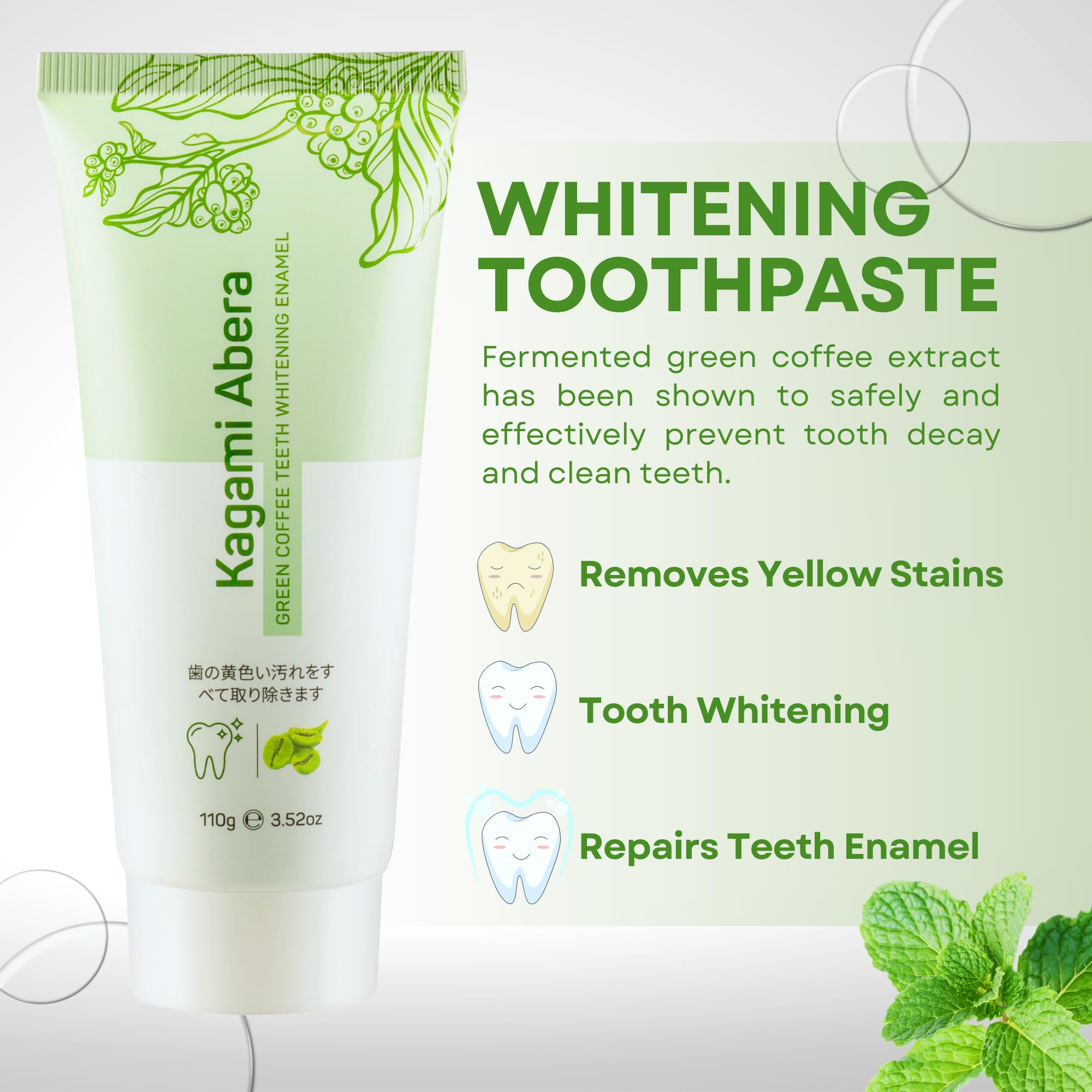 Kagami Abera Natural Whitening Toothpaste - Fluoride Free, Plaque Fighting Formula with Fermented Green Coffee Extract for Brighter Teeth & Fresh Breath, 3.52 oz | Gentle Oral Care for Sensitive Teeth, Vegan & Cruelty-Free | Perfect for Daily Use & Travel-Friendly Size