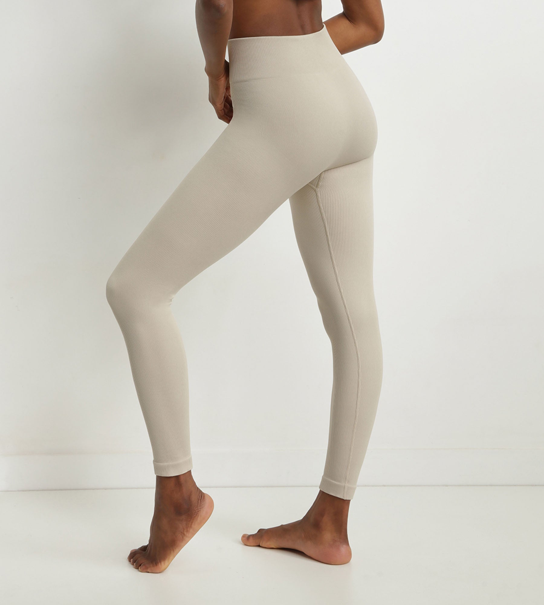 Women's Beige Ribbed Knit Leggings - High Waisted Stretchy Comfortable Yoga Pants for Workout, Lounge & Everyday Wear