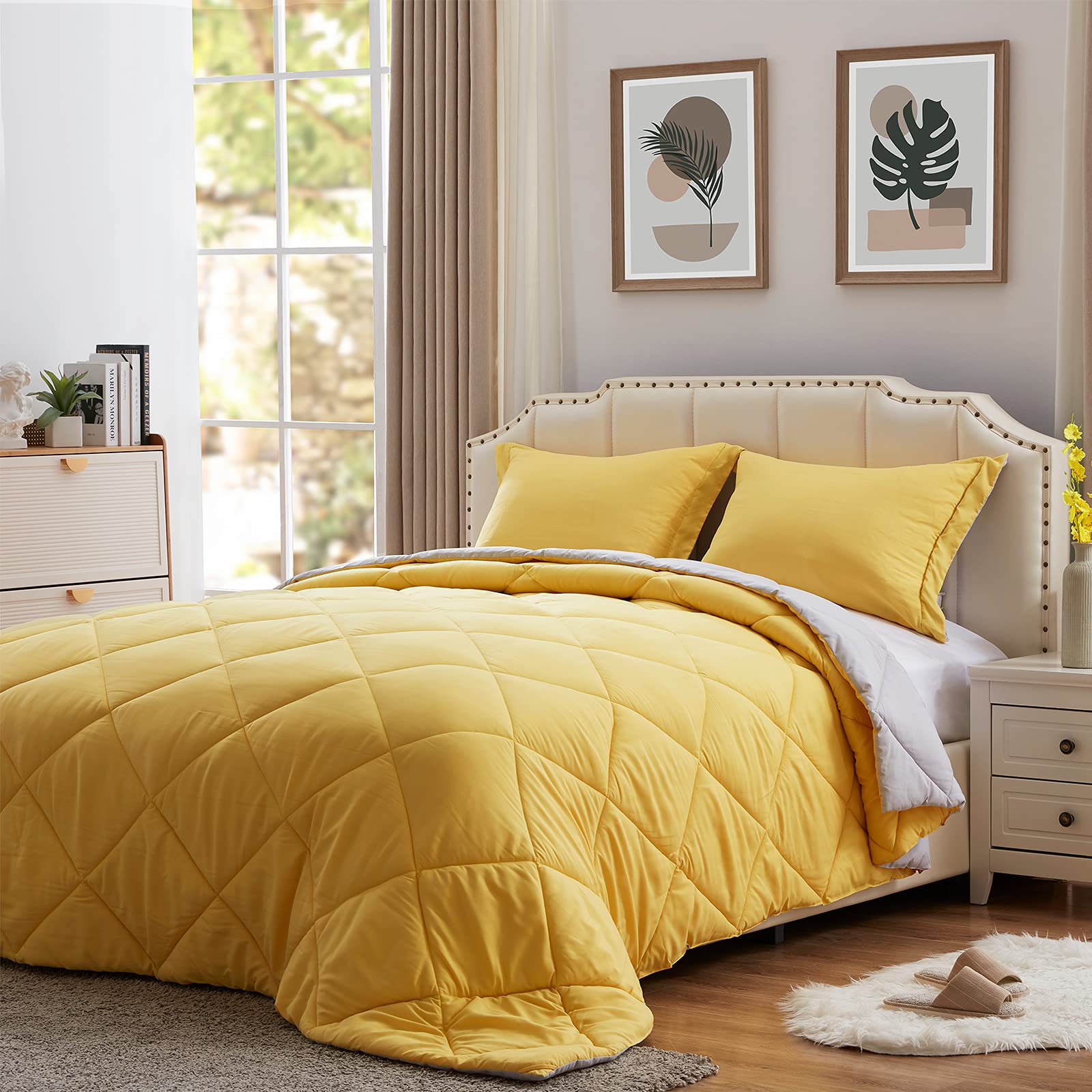 NexHome Down Alternative Solid Comforter Set - Queen Size Lightweight Microfiber Bedding | Reversible All-Season Comforter for Spring, Autumn & Winter (Queen, Yellow/Light Grey) | Perfect for Guest Rooms, Master Bedrooms & Cozy Home Decor