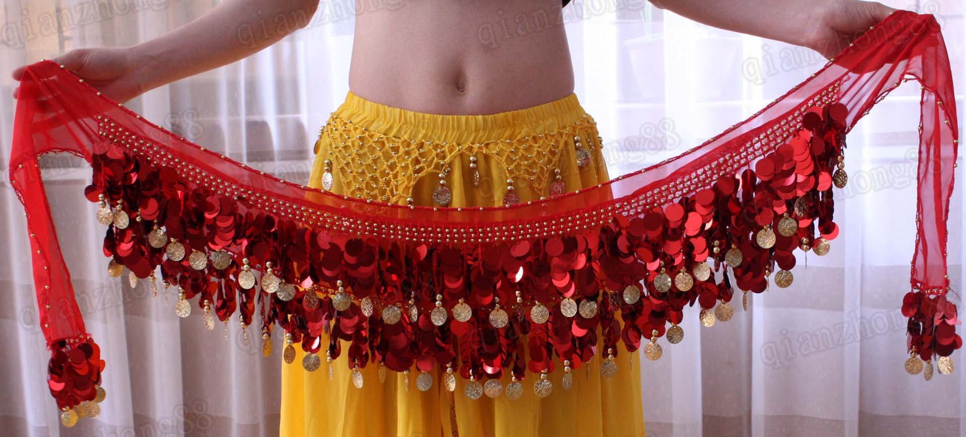 Handmade Belly Dance Hip Scarf with Gold Coins - Red Lively Style for Women | Perfect for Dance Performances, Costume Parties & Fitness Classes