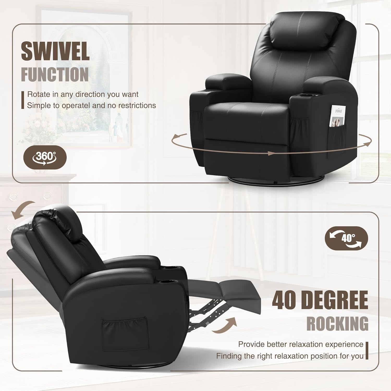 JUMMICO Recliner Chair - PU Leather Rocking Massage Reclining Sofa with Cup Holders & Remote Control, Ergonomic Living Room Chair for Relaxation (Black) - Perfect for Home Theater, Gaming, and Reading Nook