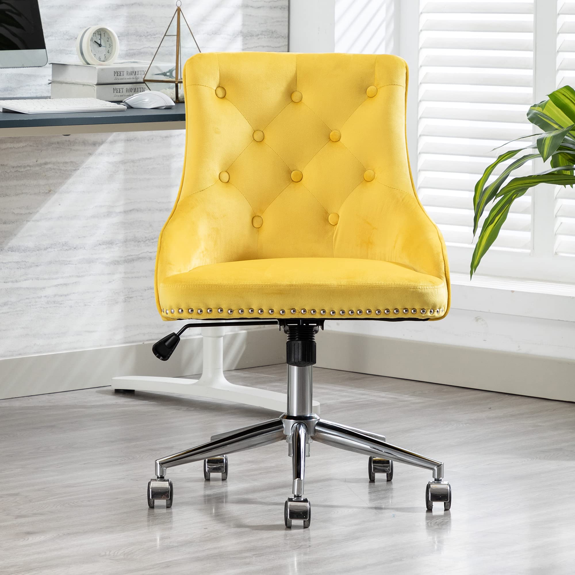 Vanity Desk Chair - Modern Tufted Office Chair with Adjustable Back Height & Swivel Base, Velvet Accent Armchair for Home Office, Bedroom, or Living Room (Yellow) - Perfect for Work, Study & Relaxation