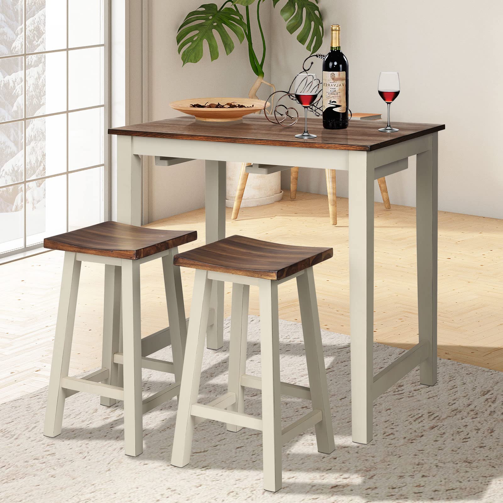 COSTWAY 3-Piece Counter Height Dining Set with 2 Saddle Stools - Industrial Style Wooden Pub Table for Breakfast Bar, Kitchen, Living Room & Restaurant | Perfect for Small Spaces, Apartments & Outdoor Patios