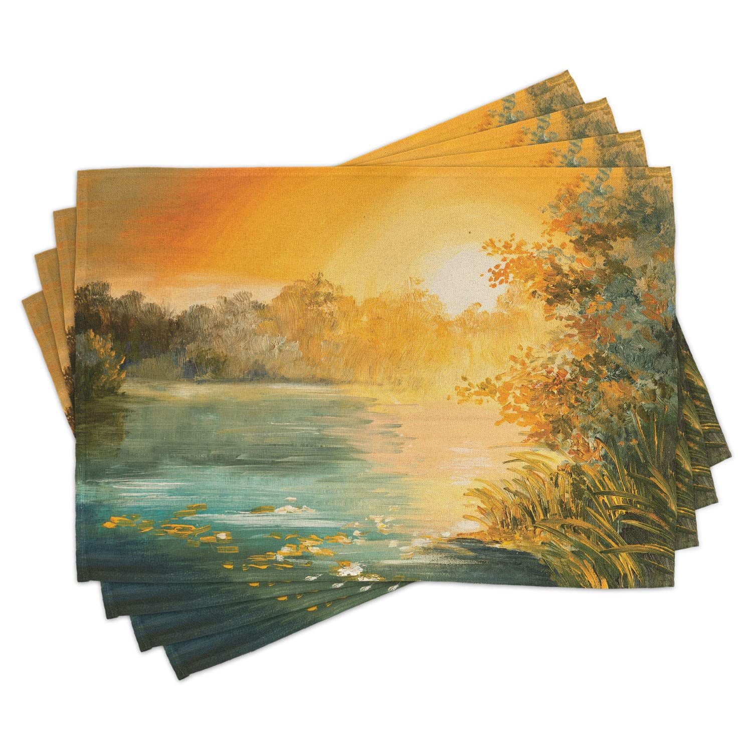 Ambesonne Country Placemats Set of 4 - Fall Lake Sunset Retro Art Fabric Placemats for Dining Table | Washable Kitchen Decor in Green, Orange & Blue | Perfect for Autumn Dinner Parties & Holiday Gatherings