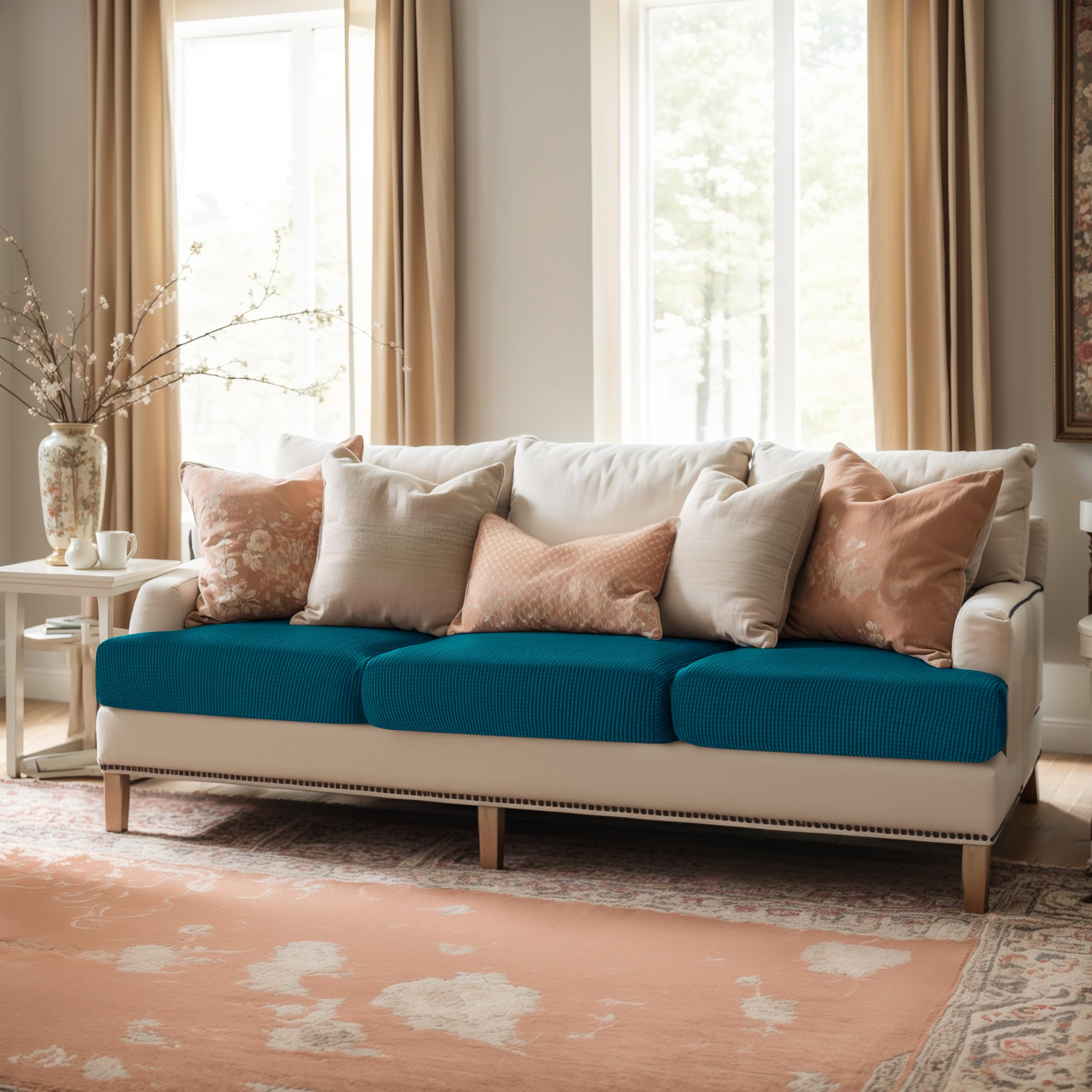 SUBRTEX Stretch Cushion Covers - 3 Pack Elastic Spandex Sofa Slipcovers for Couch, Loveseat, RV & Chair - Furniture Protector (Blue) - Perfect for Home, Office & Travel Use