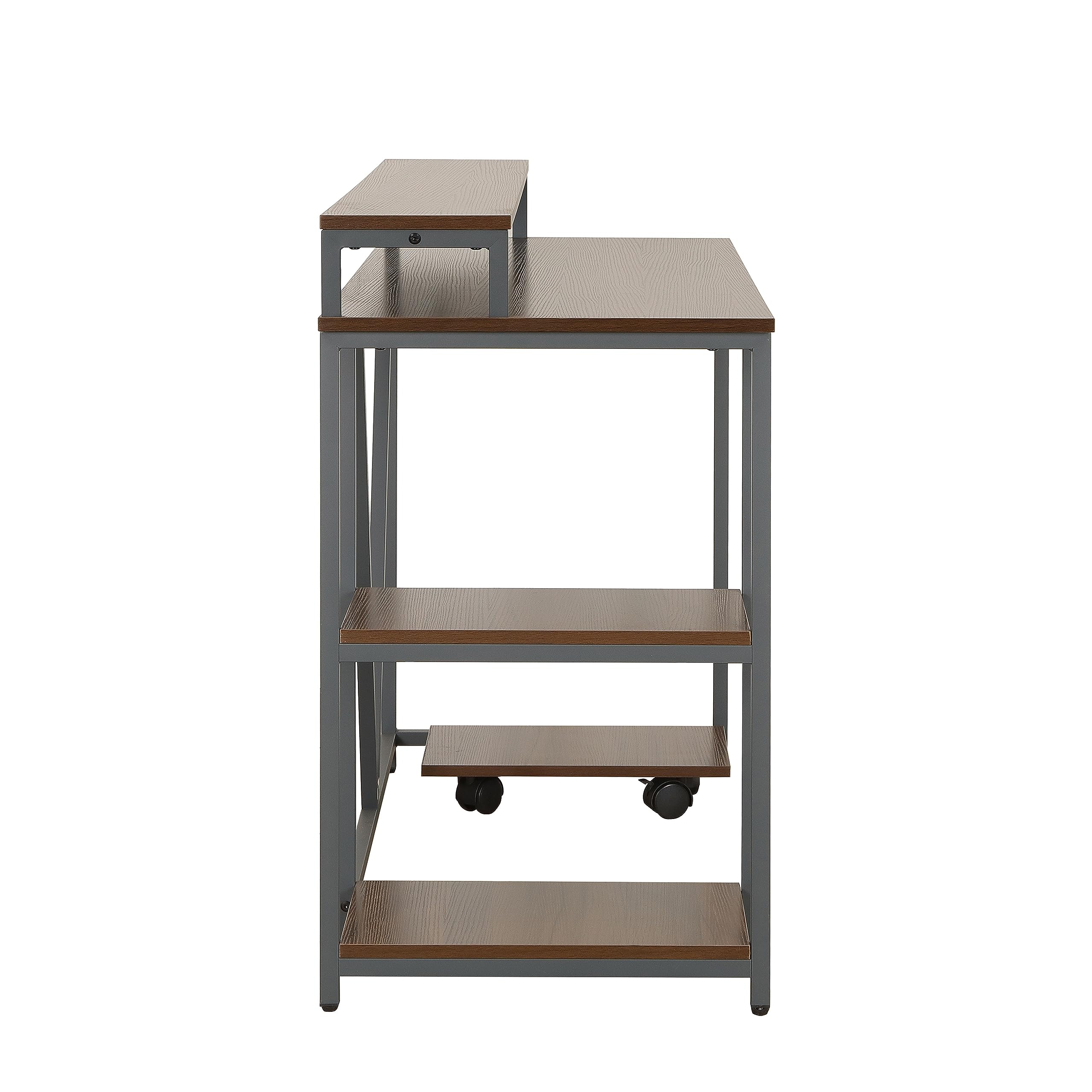 Techni Mobili Industrial Walnut Computer Desk with Storage Shelves, Monitor Stand, CPU Caddy & 2-Tier Bookshelf - Perfect Home Office Laptop Table for Small Spaces & Modern Workstations