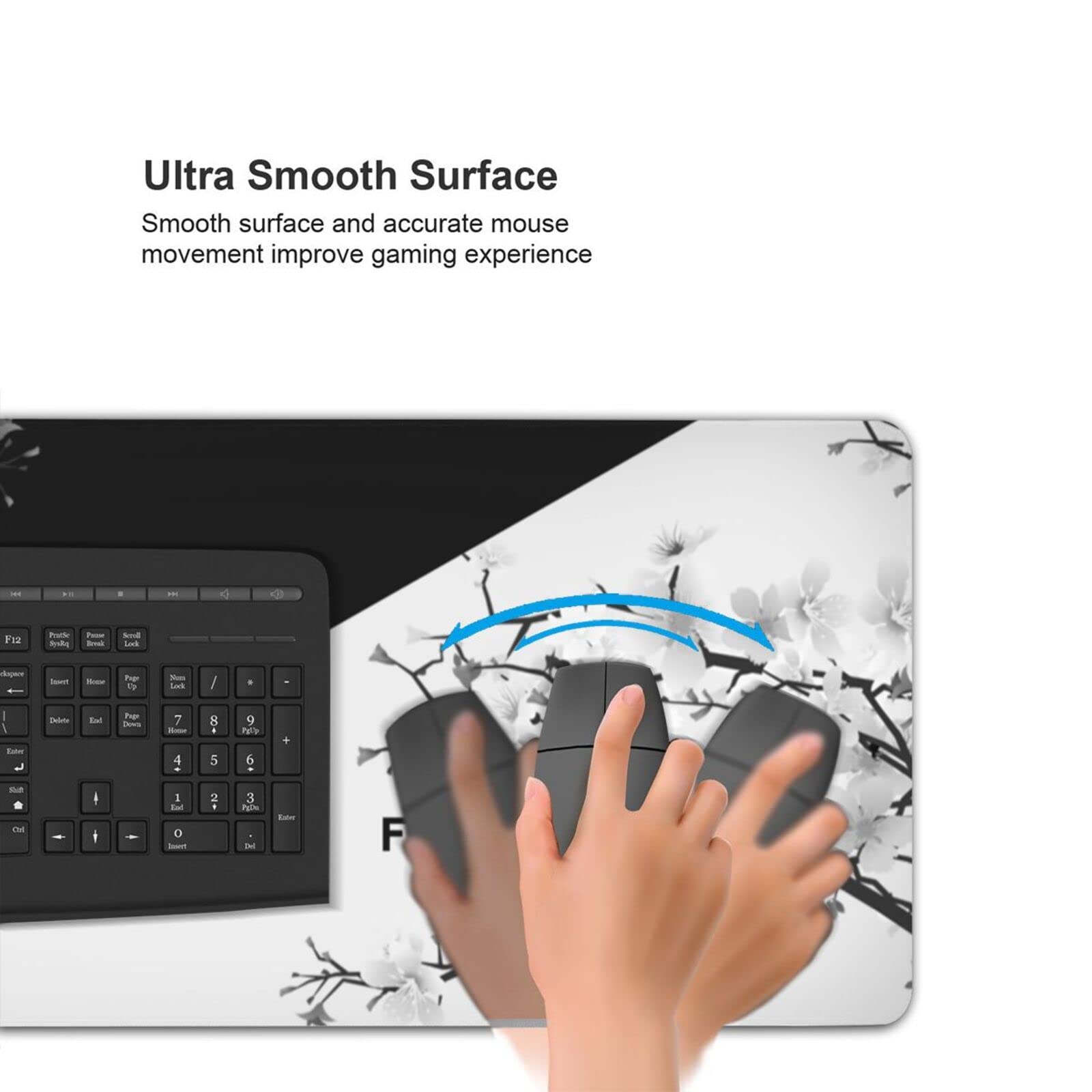Cherry Blossom Gaming Mouse Pad - Extra Large 31.5 x 11.8 Inch Non-Slip Rubber Base with Stitched Edges | Black & White Design for PC Gaming, Office Work & Home Desk Use