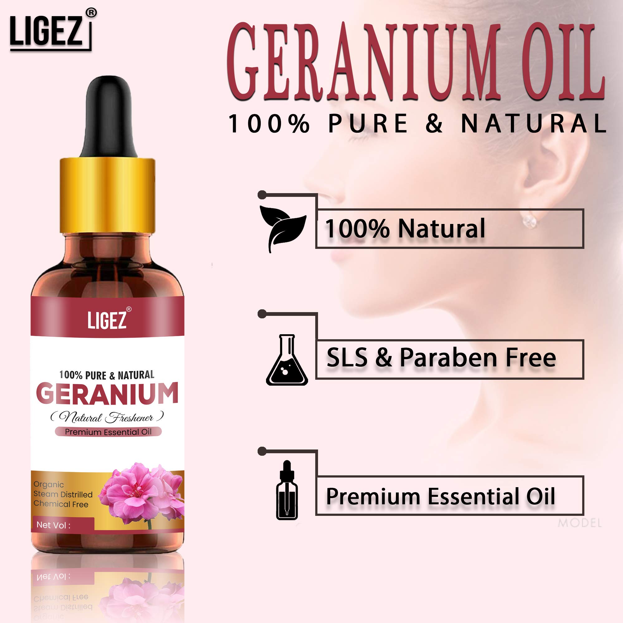 Ligez 100% Pure Geranium Essential Oil - 10ml Bottle for Aromatherapy, Skincare & Relaxation | Natural Stress Relief & Mood Enhancer