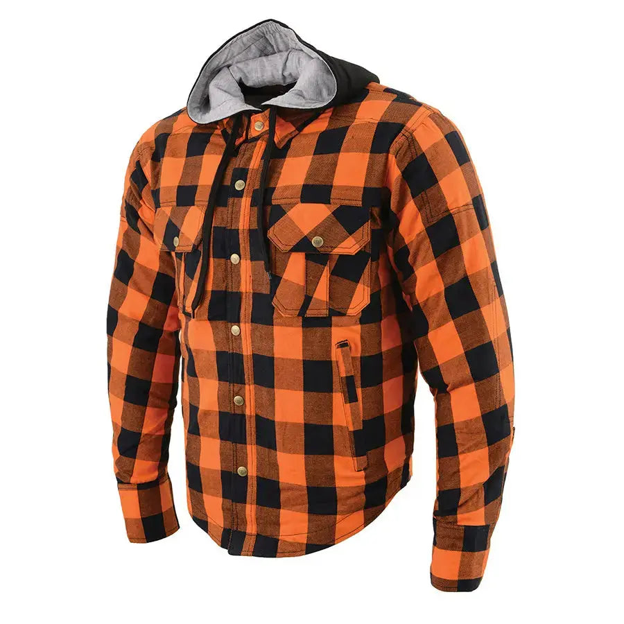 Milwaukee Leather Men's Orange & Black Armored Flannel Biker Shirt with Reinforced Fibers - Durable Motorcycle Riding Gear for Harley Davidson & Cruiser Bikes
