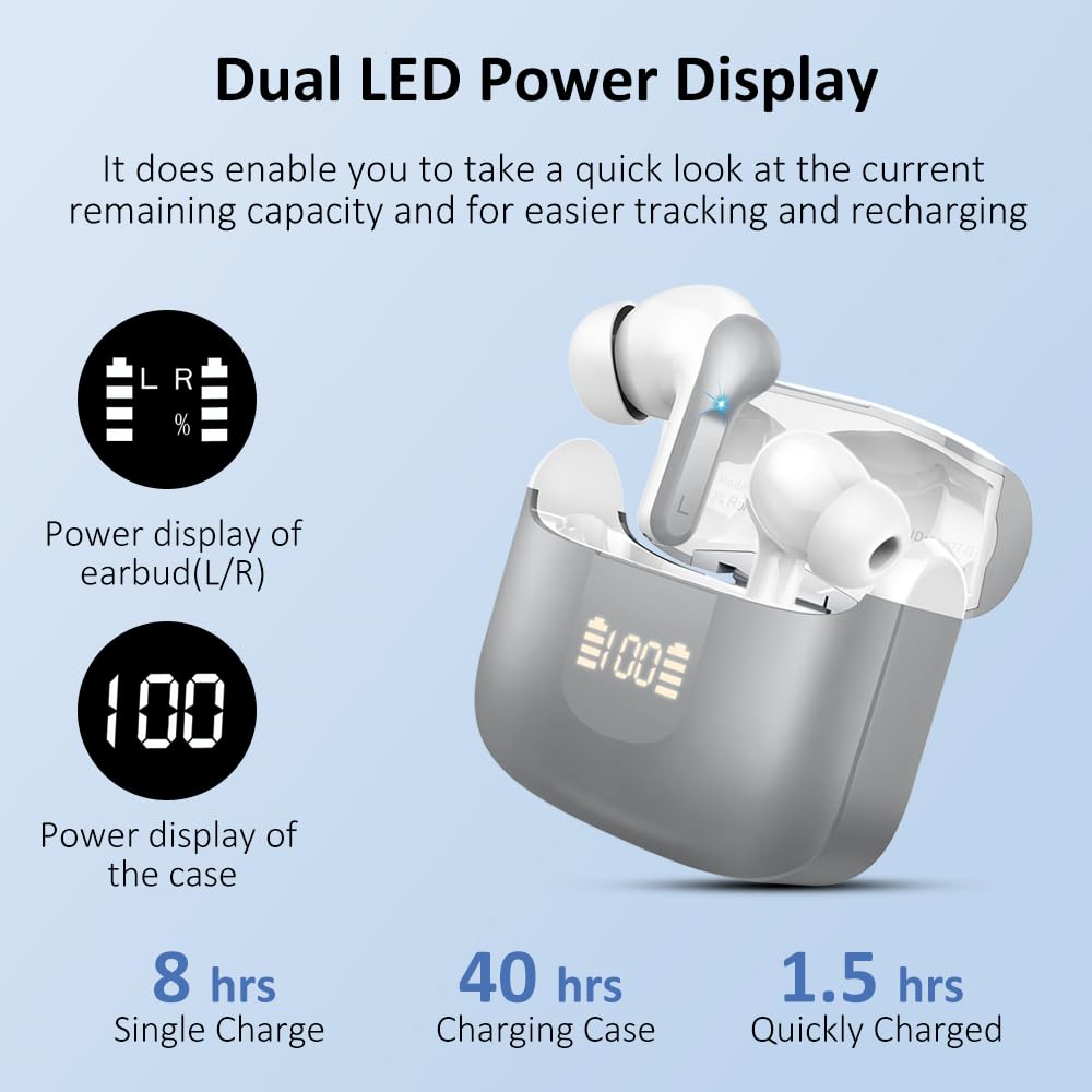 Premium Wireless Earbuds Bluetooth 5.3 with 4 ENC Noise Cancelling Mic, HiFi Stereo Deep Bass, 40H Playtime, LED Display, IP7 Waterproof - Perfect for Workouts, Commuting & Travel (Compatible with Android & iOS)