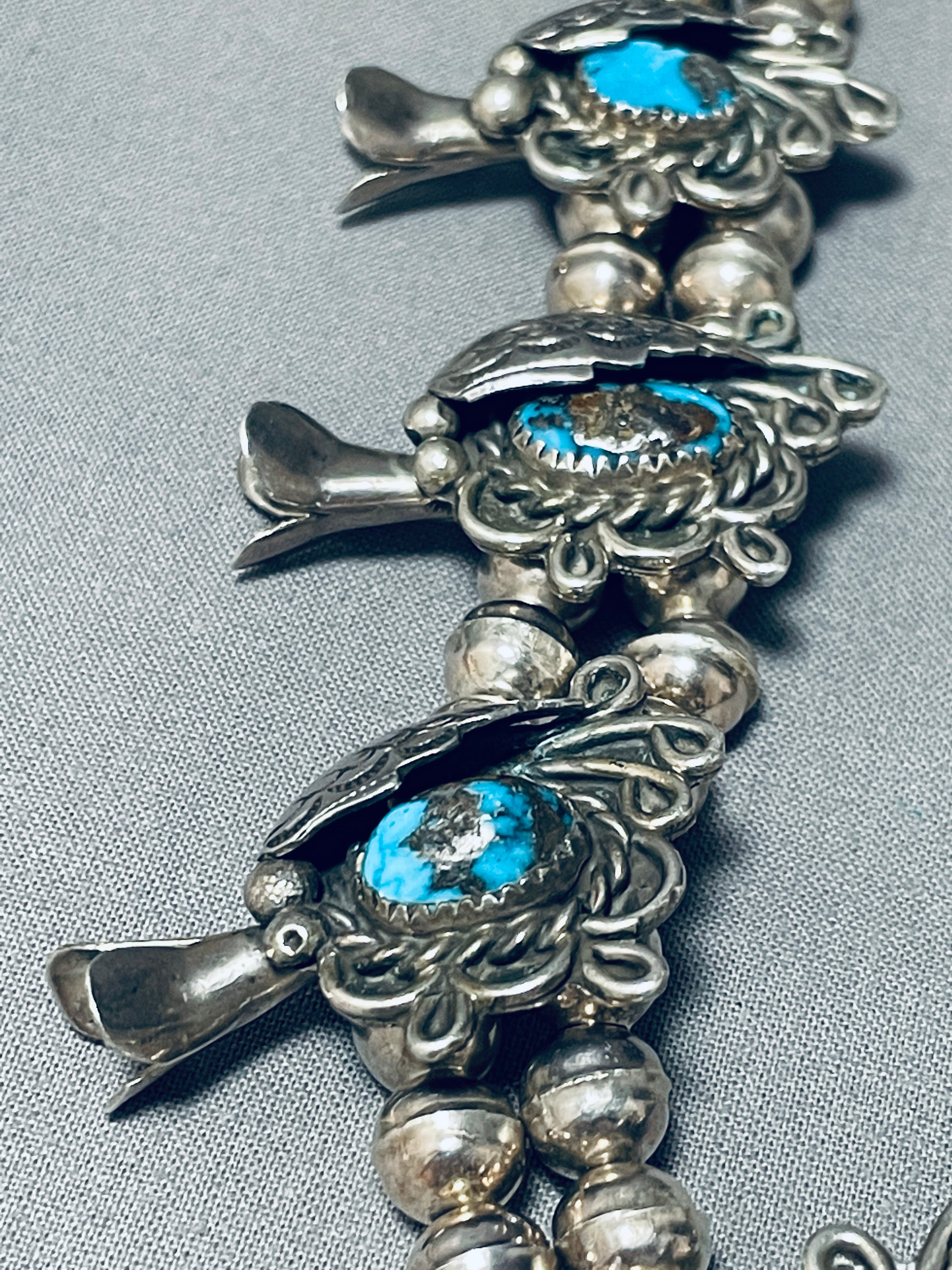 247 Gram Bisbee Turquoise Vintage Native American Navajo Sterling Silver Squash Blossom Necklace - Authentic Southwest Jewelry for Women, Perfect for Boho Fashion & Special Occasions