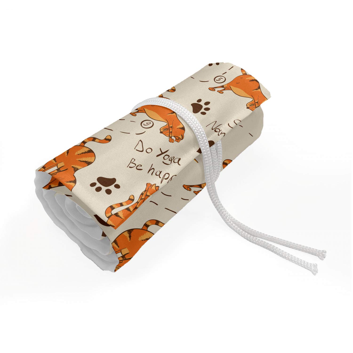 Ambesonne Cat Pencil Case Wrap Roll Holder - Durable Canvas Pencil Organizer with 36 Loops (Cream Orange Brown) | Yoga & Happy Theme Featuring Orange Cats, Smiling Suns, Paw Prints & Hearts | Perfect for Artists, Students & Office Use