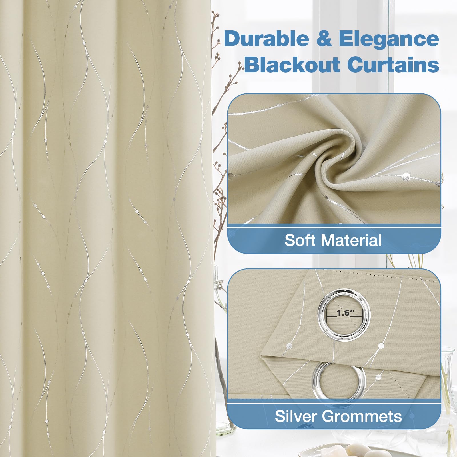 BUHUA Beige Blackout Curtains 84 Inch Length - Thermal Insulated Drapes with Silver Foil Print for Bedroom, 38 x 84 Inches, Set of 2 Panels - Perfect for Light Blocking, Privacy & Energy Efficiency in Living Room or Nursery