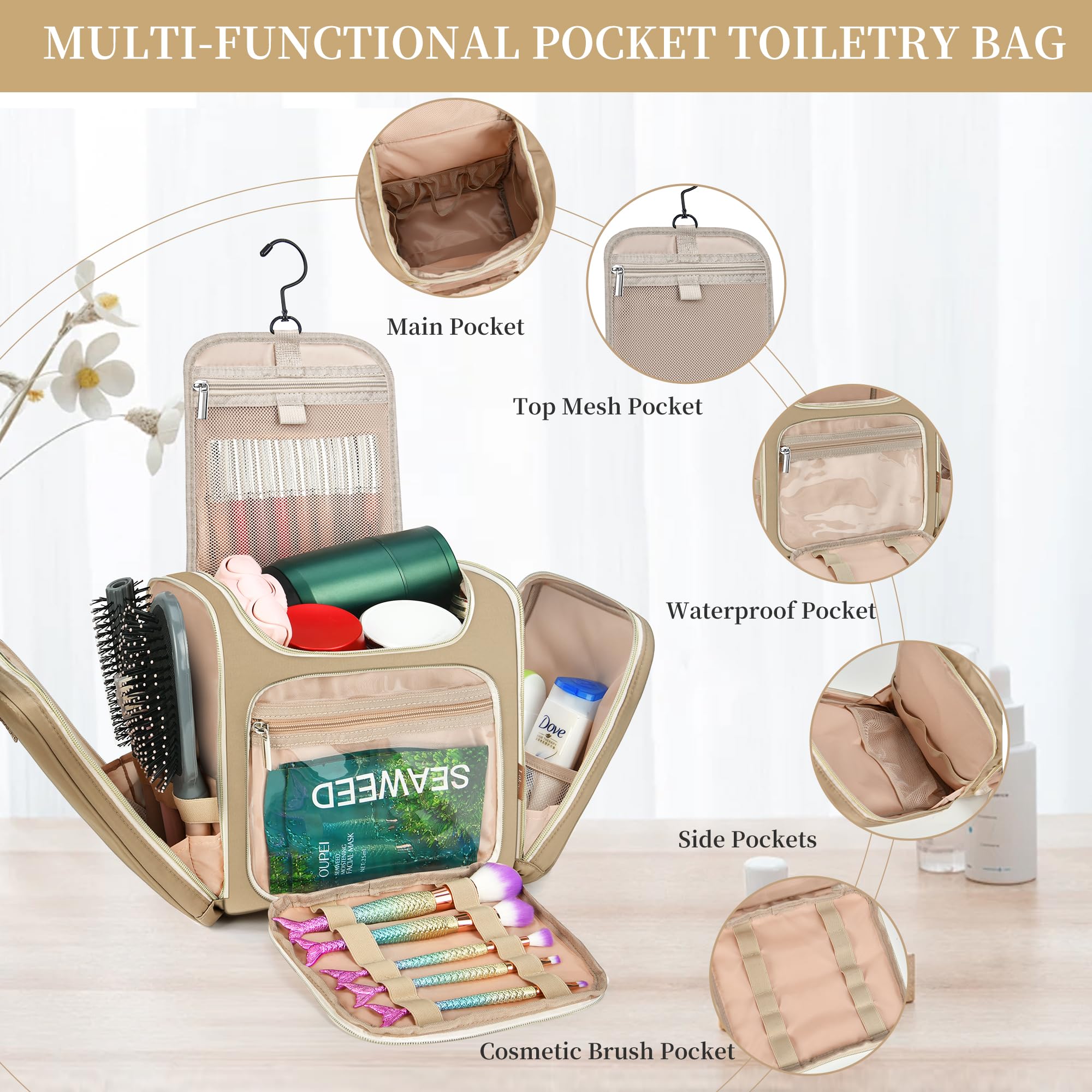 LOKASS Large Waterproof Hanging Toiletry Bag for Women - Travel Makeup Cosmetic Organizer with Hook for Shampoo & Toiletries - Perfect for Vacation, Gym, Camping & Business Trips (Brown)