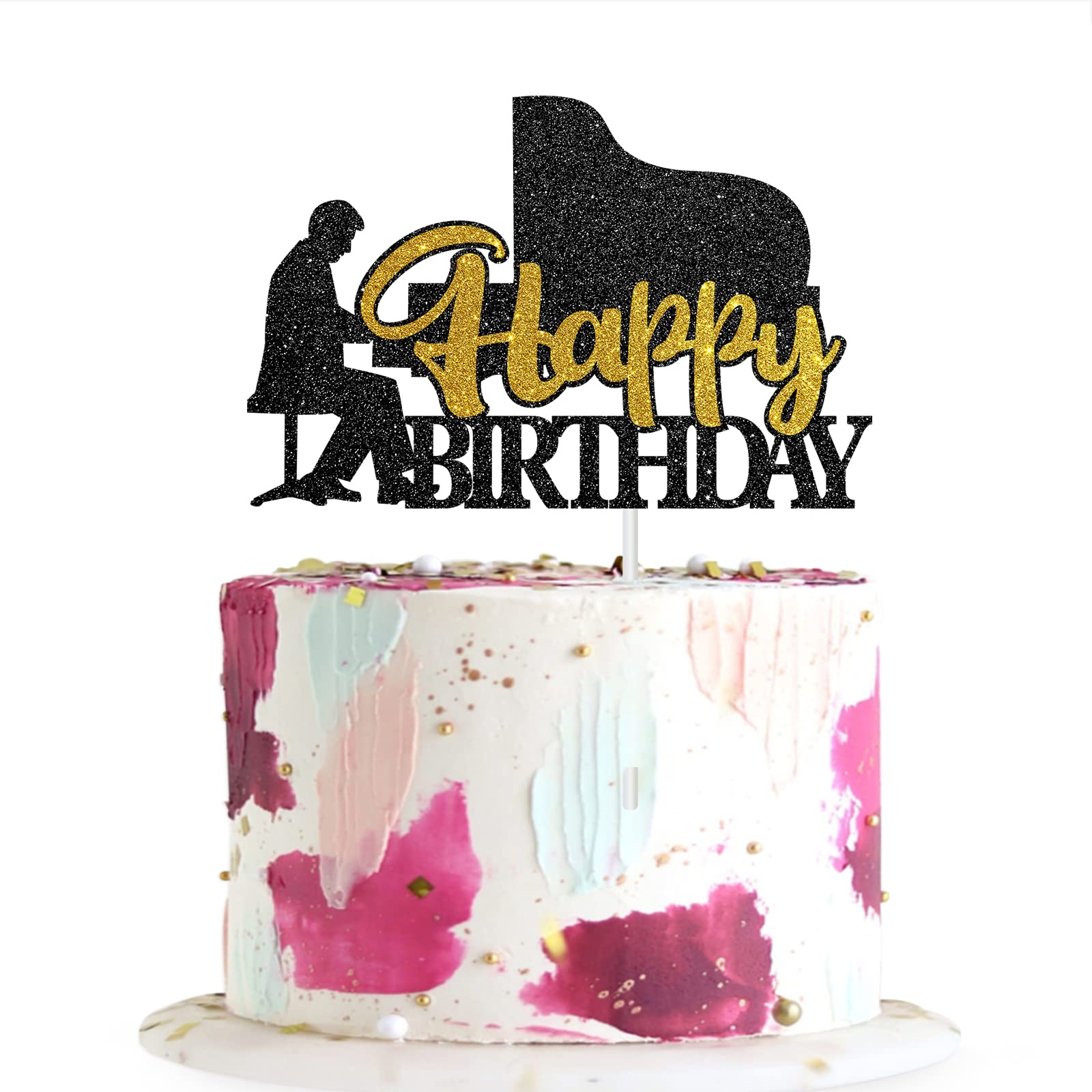 Happy Birthday Cake Topper with Music Sign - Musical Piano Theme Party Decorations - Black Glitter Cake Decor for Birthday Celebrations & Special Occasions