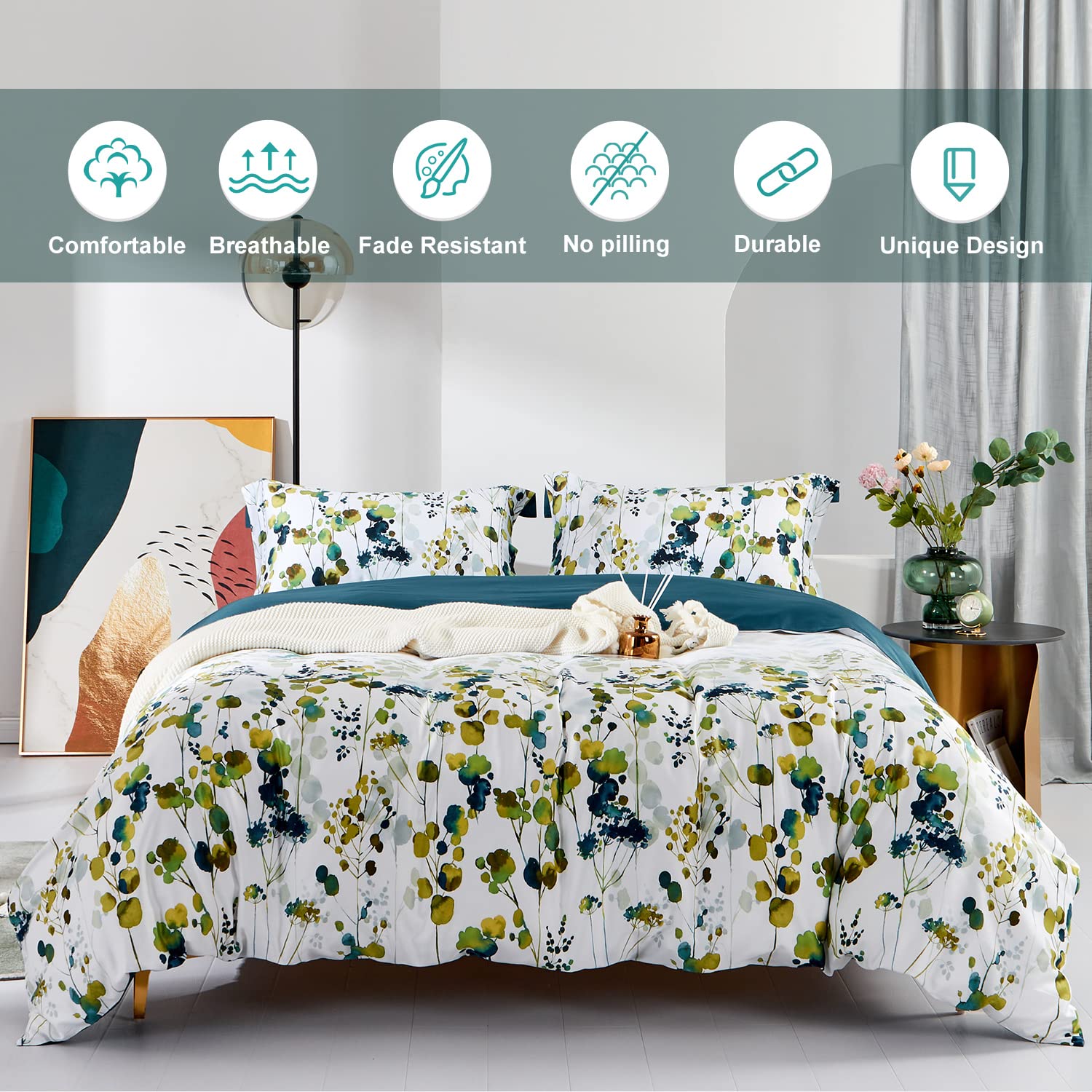 100% Long Staple Cotton Duvet Cover Set - Botanical Leaf Print Comforter Cover in Gradient Yellow Green | Soft & Breathable Bedding for Autumn & Fall Season | Perfect for Master Bedroom, Guest Room & Dorm Decor