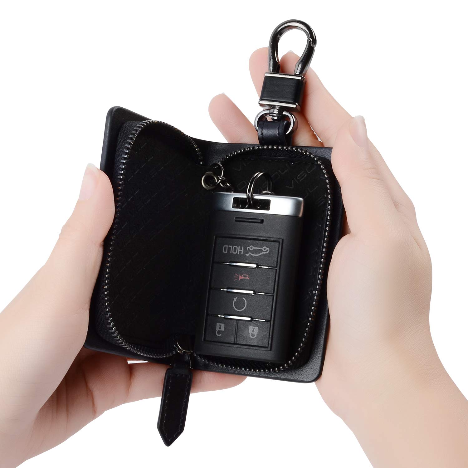 Premium Genuine Leather Key Fob Case with Zipper Closure & Metal Hook - Universal Car Key Protector Cover for Men & Women - Perfect for Key Organization at Home, Office, and Travel