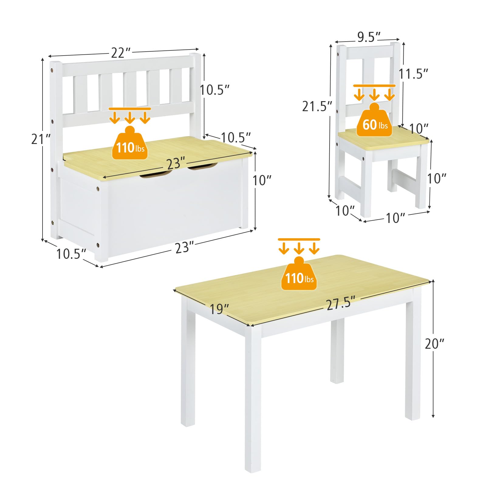 KOTEK 4-Piece Kids Table and Chair Set with Toy Storage Bench - Natural Wood Toddler Activity Table for Arts, Crafts, Snack Time - Perfect for Playroom, Kindergarten & Bedroom (Ideal for Learning, Drawing & Pretend Play)