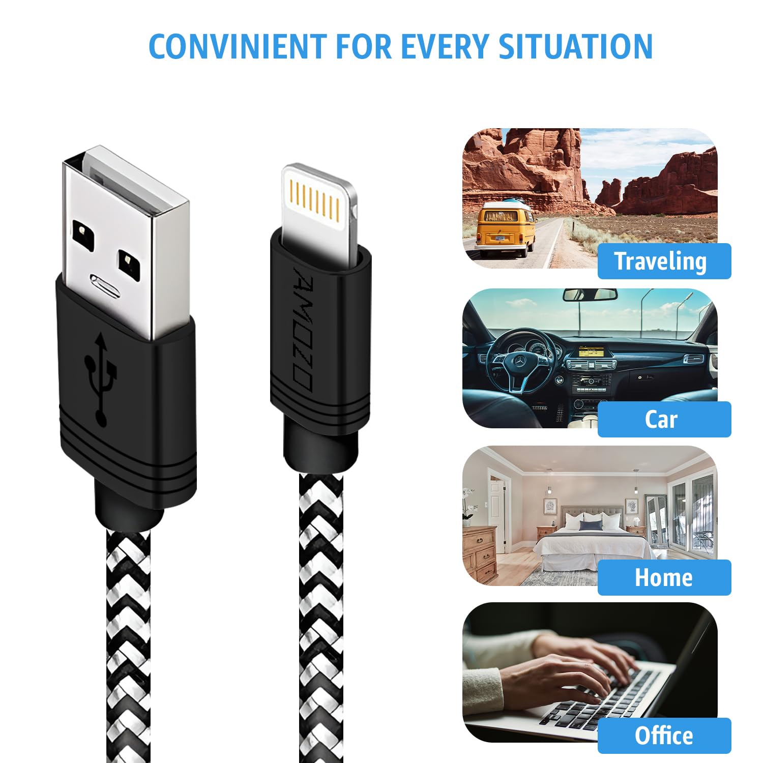 Amozo Premium Nylon Braided USB A to Lightning Cable - Fast Charging & 480Mbps High-Speed Data Sync for iPhone 14/13/12/11/X, iPad Air/Pro/Mini - Durable 2M Charger Cord (Black/White) - Perfect for Home, Office & Travel Use